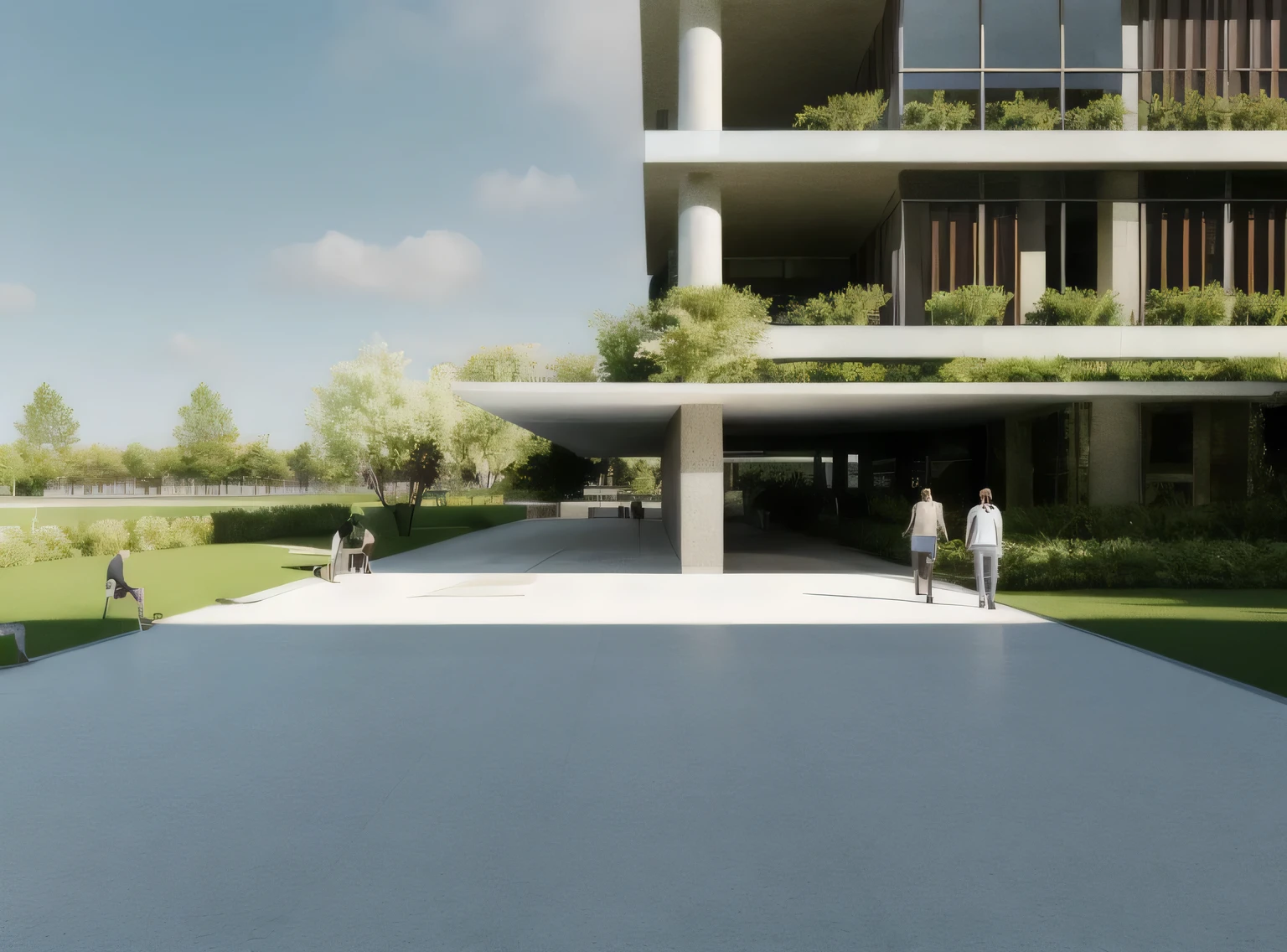 rendering of a walkway with benches and a building in the background, ground level view, view at ground level, view at ground level, Perspective view, architectural rendering, detailed rendering, architectural rendering, ground level camera view, Street level view, Digital Rendering, detail rendering, conceptual rendering, low angle dimetric rendering, art print, landscape rendering