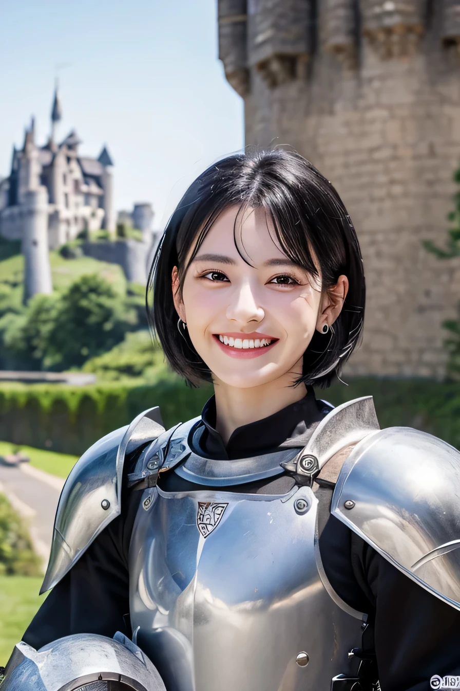 8K、highest quality、female knight、The background is a castle、luxurious silver armor、heavy equipment、black hair、hairstyle short cut、smile、beautiful teeth、full body photo、ear piercing)), (