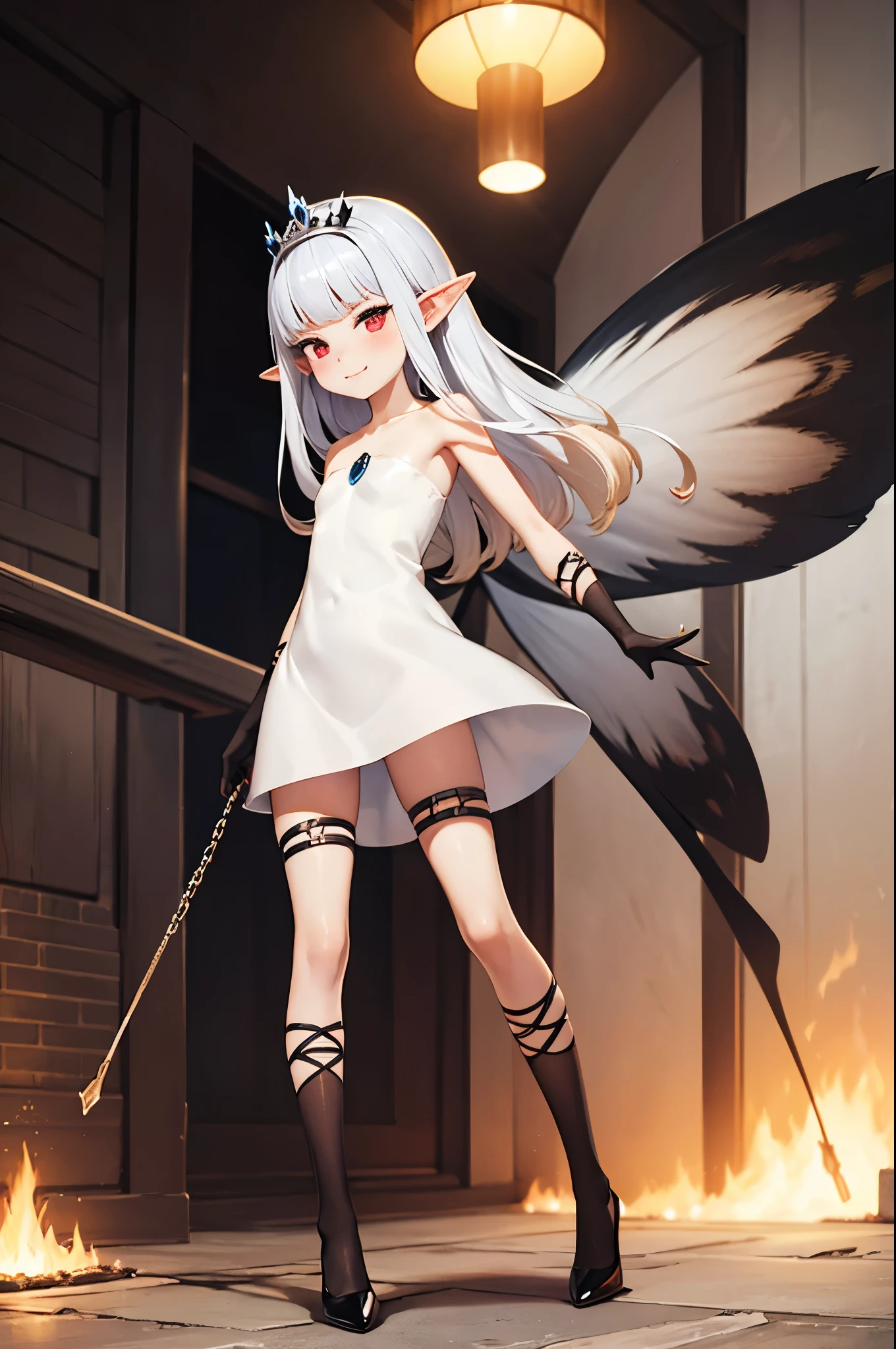 white hair, gradient hair, pointy ears, pendant, strapless dress, white dress, fairy wings, arm wrap, black gloves, leg wrap, black footwear, flying, full body, flat chest, mean, vicious smirk, very thin, skinny legs, confident, arrogant, (sexy stockings:0.7), tiara, glowing red eyes, makeup, blush, eye shadow, wearing lots of luxurious jewelry, rings, pearls, necklaces, chain jewelry, flawless shiny silver hair, black heels, looking at viewer, from below, solo,