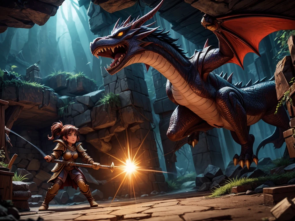 A girl with long hair and sparkling blue eyes, dressed in armor, holding a magical sword, engaged in combat with a fearsome dragon. The girl's armor is intricately detailed, with engravings of ancient runes. The dragon is massive, with scales that shimmer in the sunlight and fiery breath emanating from its mouth. The surrounding environment is a dark and mysterious dungeon, with dimly lit torches casting eerie shadows on the stone walls. The atmosphere is filled with tension and adrenaline, as the girl shows determination and strength in her battle against the dragon. The image is rendered in a highly realistic and detailed style, capturing every fine texture and vibrant color. The lighting is dramatic, with rays of sunlight streaming through the cracks in the dungeon ceiling, highlighting the intensity of the scene. The overall color tone is dark and atmospheric, with hints of warm hues illuminating the characters and surroundings.