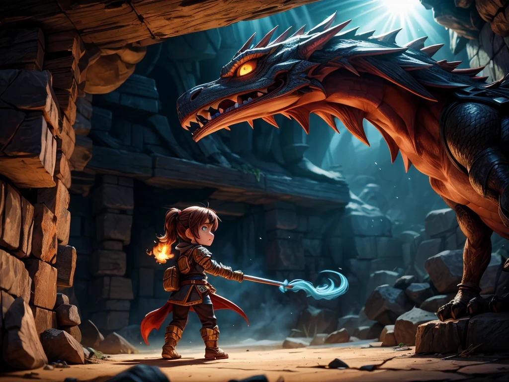 A girl with long hair and sparkling blue eyes, dressed in armor, holding a magical sword, engaged in combat with a fearsome dragon. The girl's armor is intricately detailed, with engravings of ancient runes. The dragon is massive, with scales that shimmer in the sunlight and fiery breath emanating from its mouth. The surrounding environment is a dark and mysterious dungeon, with dimly lit torches casting eerie shadows on the stone walls. The atmosphere is filled with tension and adrenaline, as the girl shows determination and strength in her battle against the dragon. The image is rendered in a highly realistic and detailed style, capturing every fine texture and vibrant color. The lighting is dramatic, with rays of sunlight streaming through the cracks in the dungeon ceiling, highlighting the intensity of the scene. The overall color tone is dark and atmospheric, with hints of warm hues illuminating the characters and surroundings.