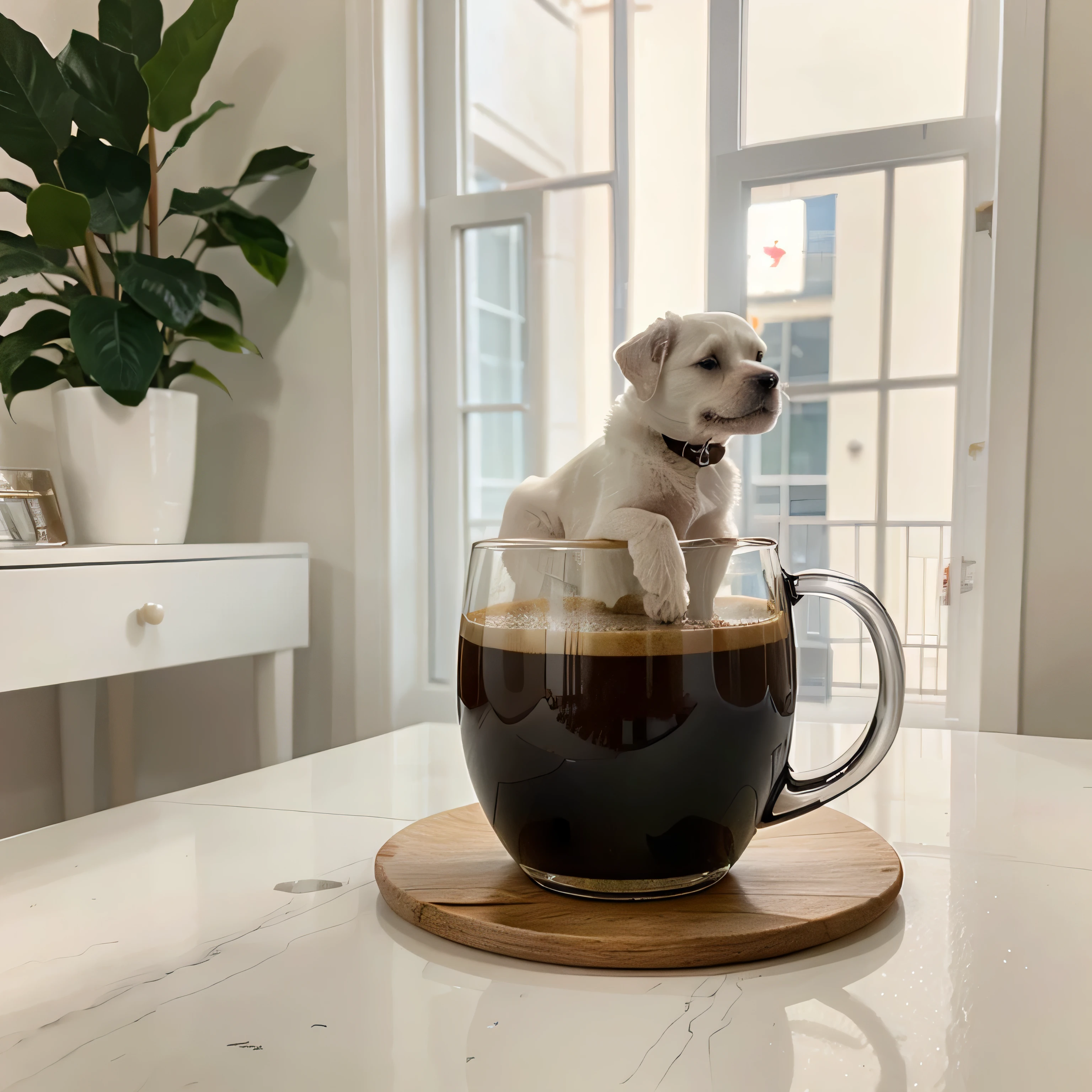 A white dog and coffee in a glass
