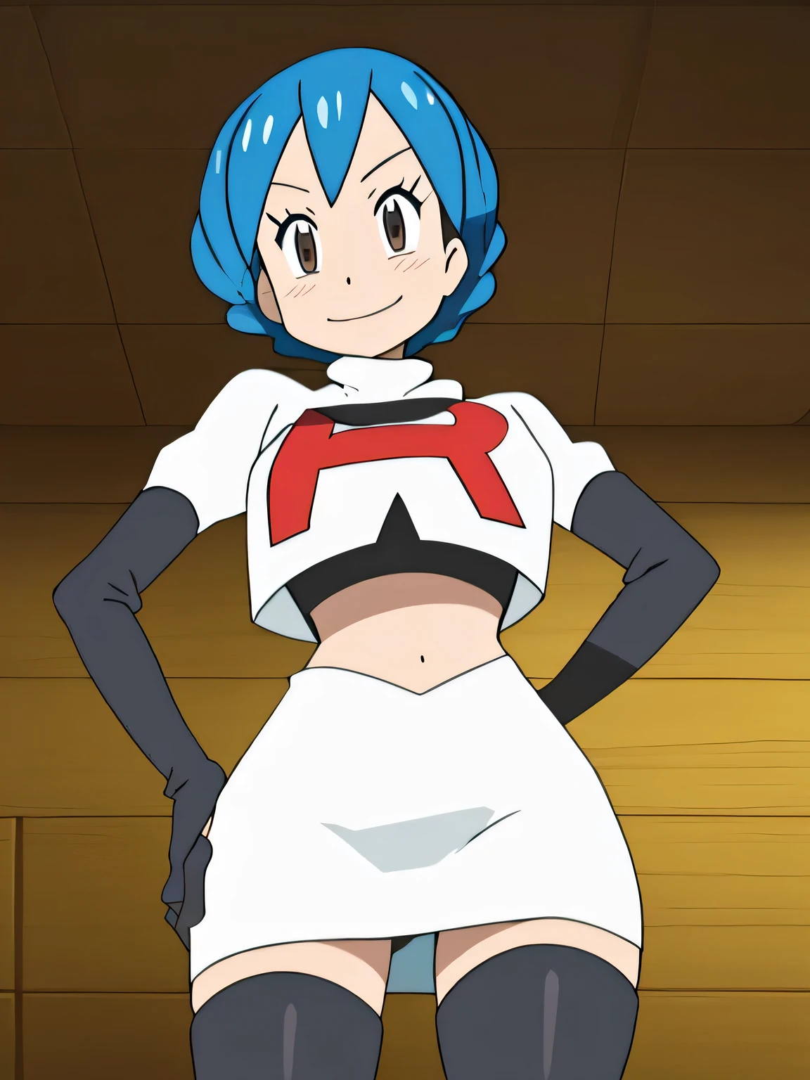 8k, masterpiece,highres, team rocket uniform, red letter r, white skirt,white crop top,black thigh-high boots, black elbow gloves, smiling, looking down at viewer, hands on hips, cowboy shot, zettai ryouiki,from below, black panties,anime style, vivid colors, sharp focus, intense lighting,mariannernd, crown braid