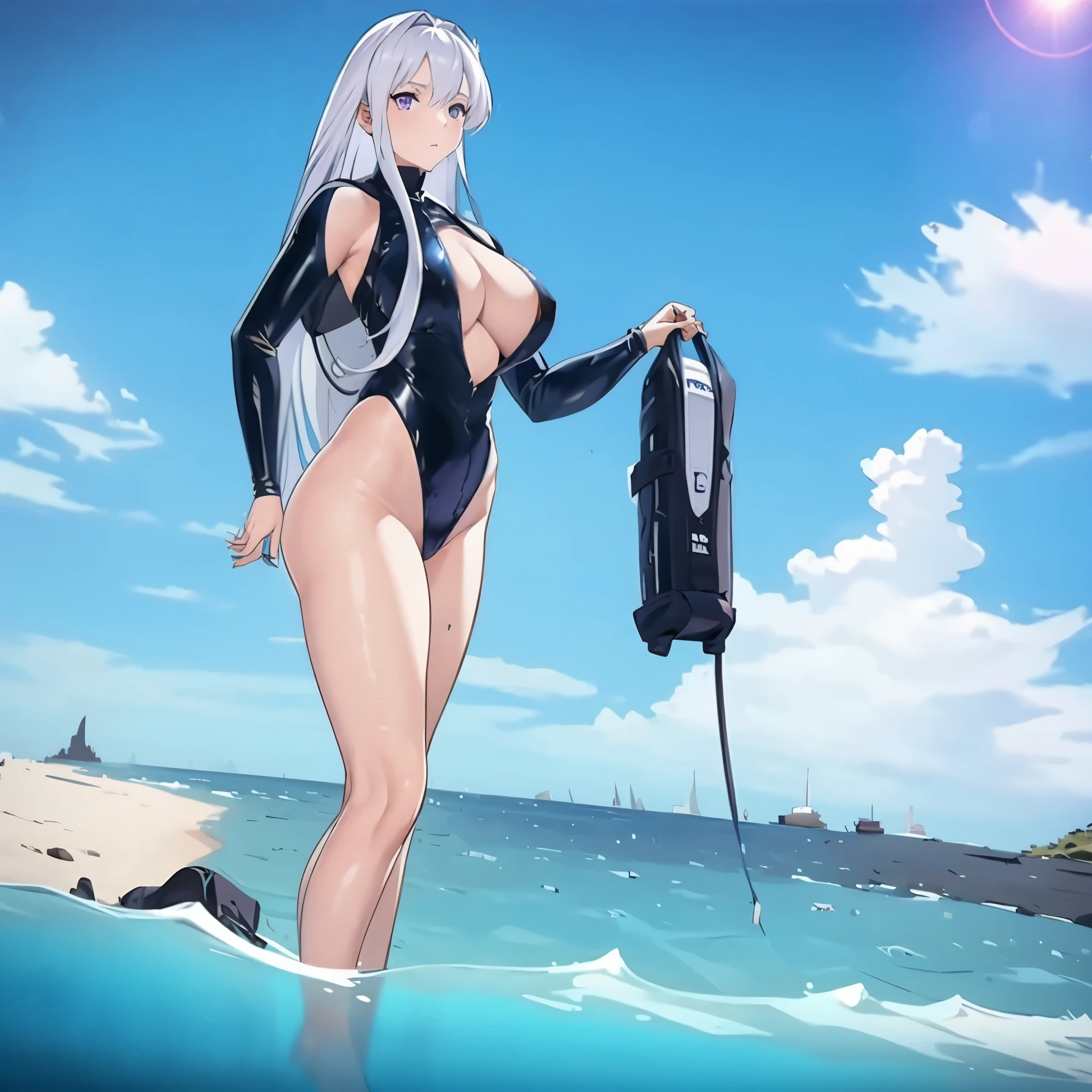 A woman in a diving uniform, at the edge of the sea, huge sea at the bottom, sunny day, silver hair, purple eyes, big chest, very detailed, masterpiece, high quality, ultra resolution, 4k hd