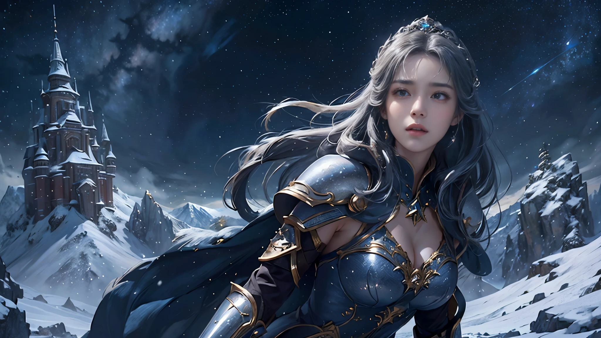 masterpiece, rest, best quality, Super detailed, Super real, 16K, high resolution, snow mountain, castle,((starry sky)),female warrior,ornate armor,complex pattern,big breasts,beautiful face,dramatic,half body shot