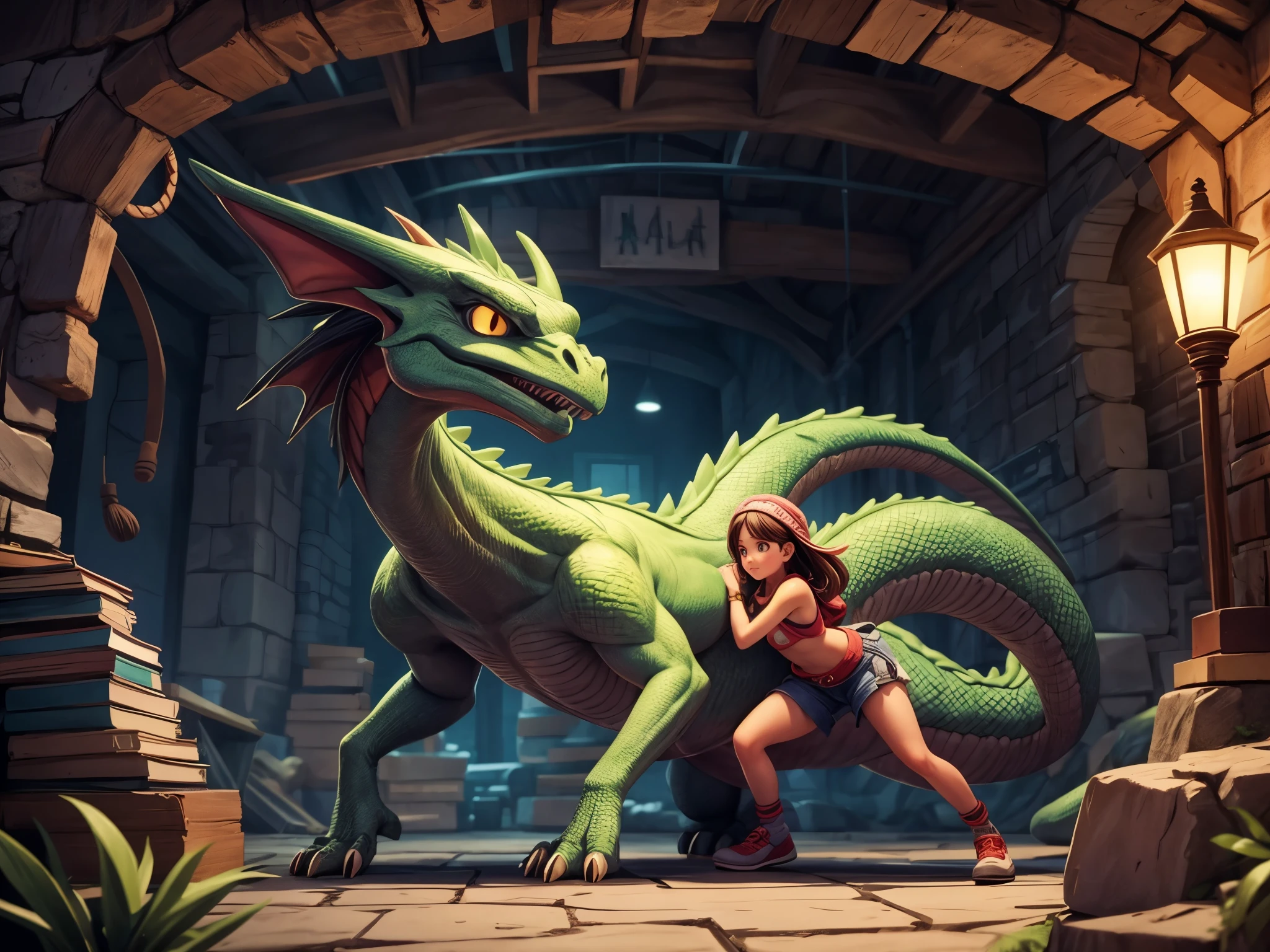 A girl with long hair and sparkling blue eyes, dressed in armor, holding a magical sword, engaged in combat with a fearsome dragon. The girl's armor is intricately detailed, with engravings of ancient runes. The dragon is massive, with scales that shimmer in the sunlight and fiery breath emanating from its mouth. The surrounding environment is a dark and mysterious dungeon, with dimly lit torches casting eerie shadows on the stone walls. The atmosphere is filled with tension and adrenaline, as the girl shows determination and strength in her battle against the dragon. The image is rendered in a highly realistic and detailed style, capturing every fine texture and vibrant color. The lighting is dramatic, with rays of sunlight streaming through the cracks in the dungeon ceiling, highlighting the intensity of the scene. The overall color tone is dark and atmospheric, with hints of warm hues illuminating the characters and surroundings.