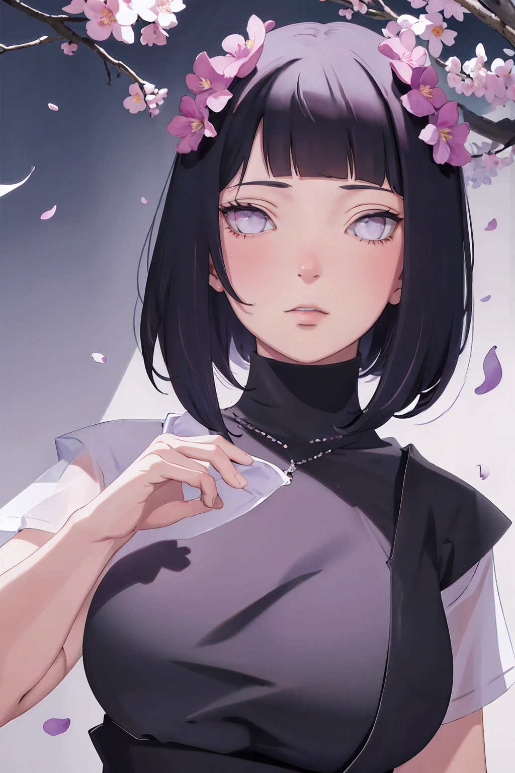 { - anatomy error} (Masterpiece - Ultra-detailed, very high resolution) (huge titusty, masterpiece, absurdres, hinata\(boruto\), 1girl, solo,mature female, lilac turtleneck blouse, black pant, looking at viewelling petals), perfect composition, detailed lips, big breast, beautiful face, body propotion, blush, (pink lips), short hair, (black hair), purple eyes, soft gaze, super realistic, detailed, photoshoot, realistic face and body, closed mouth , lilac eyes, upper body, backwards, hidden hands, perfect fingers, inocent face