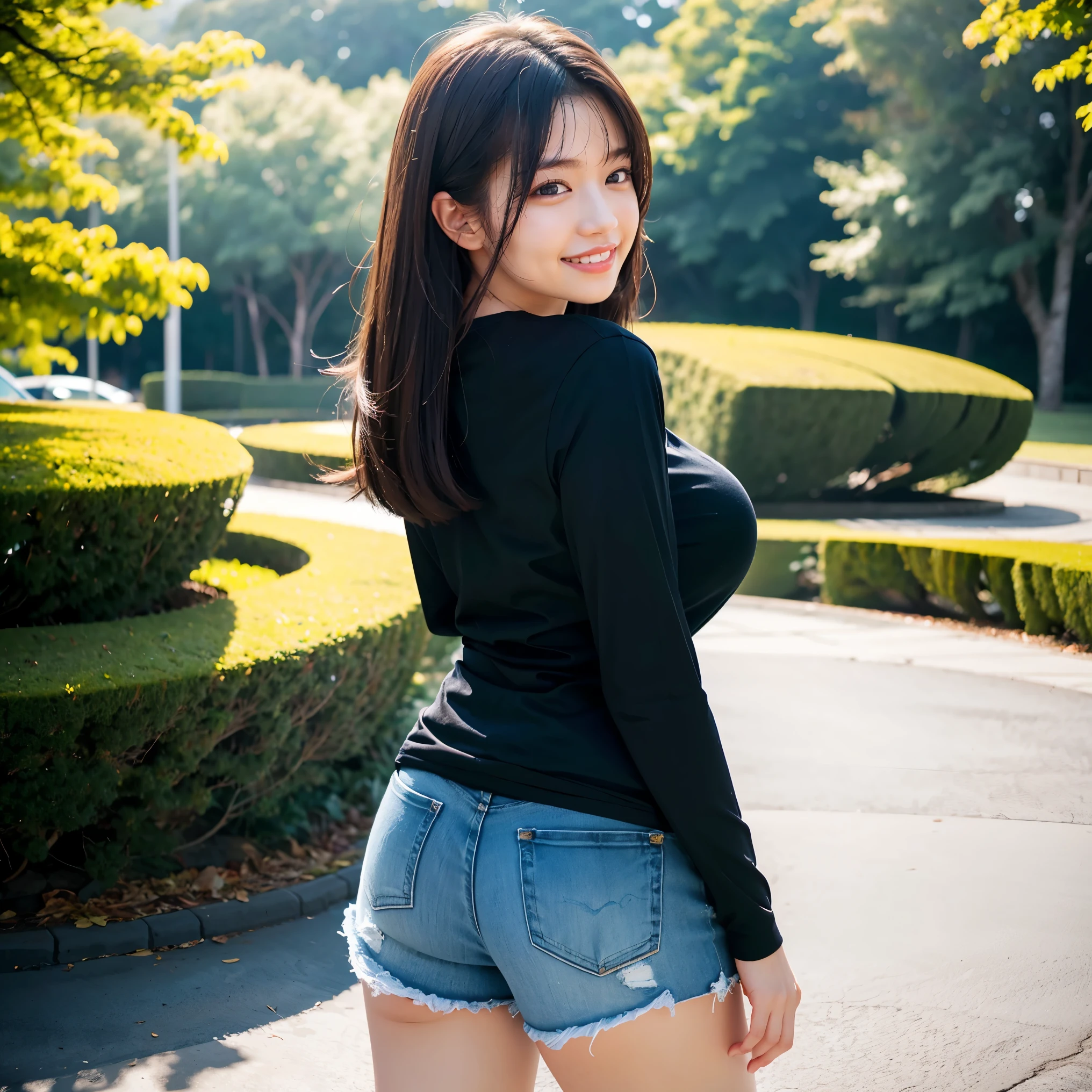 (highest quality、masterpiece、8K、best image quality、hyper realism、Award-winning work)、1 female、(solo:1.1)、(Simple thin tight long sleeve T-shirt:1.1)、(Tight long sleeve t-shirt with perfect fit:1.2)、(very short ripped distressed shorts:1.1)、(Beautiful park background with strong blur:1.1)、The most natural and perfect beauty park、A perfectly maintained normal park、(standing elegantly:1.2)、(full body photo:1.25)、(emphasize body line:1.2)、(thick legs:1.2)、glamorous body、big ass、big breasts、low length、short、(your back is turned to me:1.2)、(pointing your butt at me:1.1)、(Looking back at me:1.1)、beautiful nape、accurate anatomy、perfect makeup、long eyelashes、glossy lips、Ultra high definition glossy skin、(Ultra-high definition bright and beautiful skin:1.1)、超高精細のglossy lips、Super high definition beautiful teeth