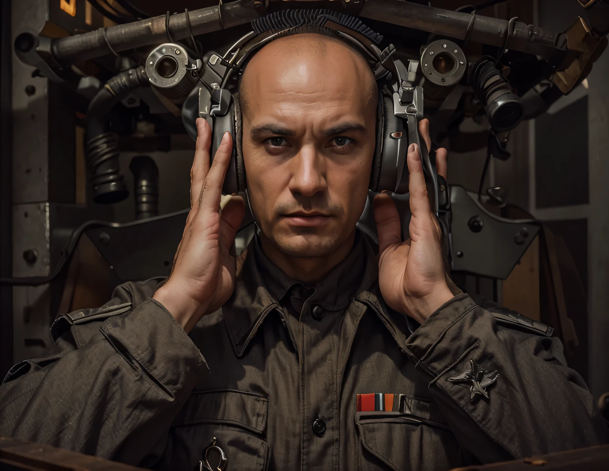 male soldier, very masculine Romanian face, bald, face with a rude expression, stares, wears light gray Soviet style overalls, is wearing Soviet-style headphones, is sitting in a retro-Soviet style machine, many tubes and cables, small purple lights , dark colors, Ultra detailed, hyper realistic, 4k, Ultra detailed image, realistic, Highly detailed, perfect composition, splendid, Intricately detailed, Incredibly detailed, 8 k artistic photography, hyper detailed, Masterpiece, Ultra detailed, hyper realistic, 4k, Ultra detailed image, realistic, Highly detailed, perfect composition, splendid, Intricately detailed, Incredibly detailed, 8 k artistic photography, hyper detailed, Masterpiece