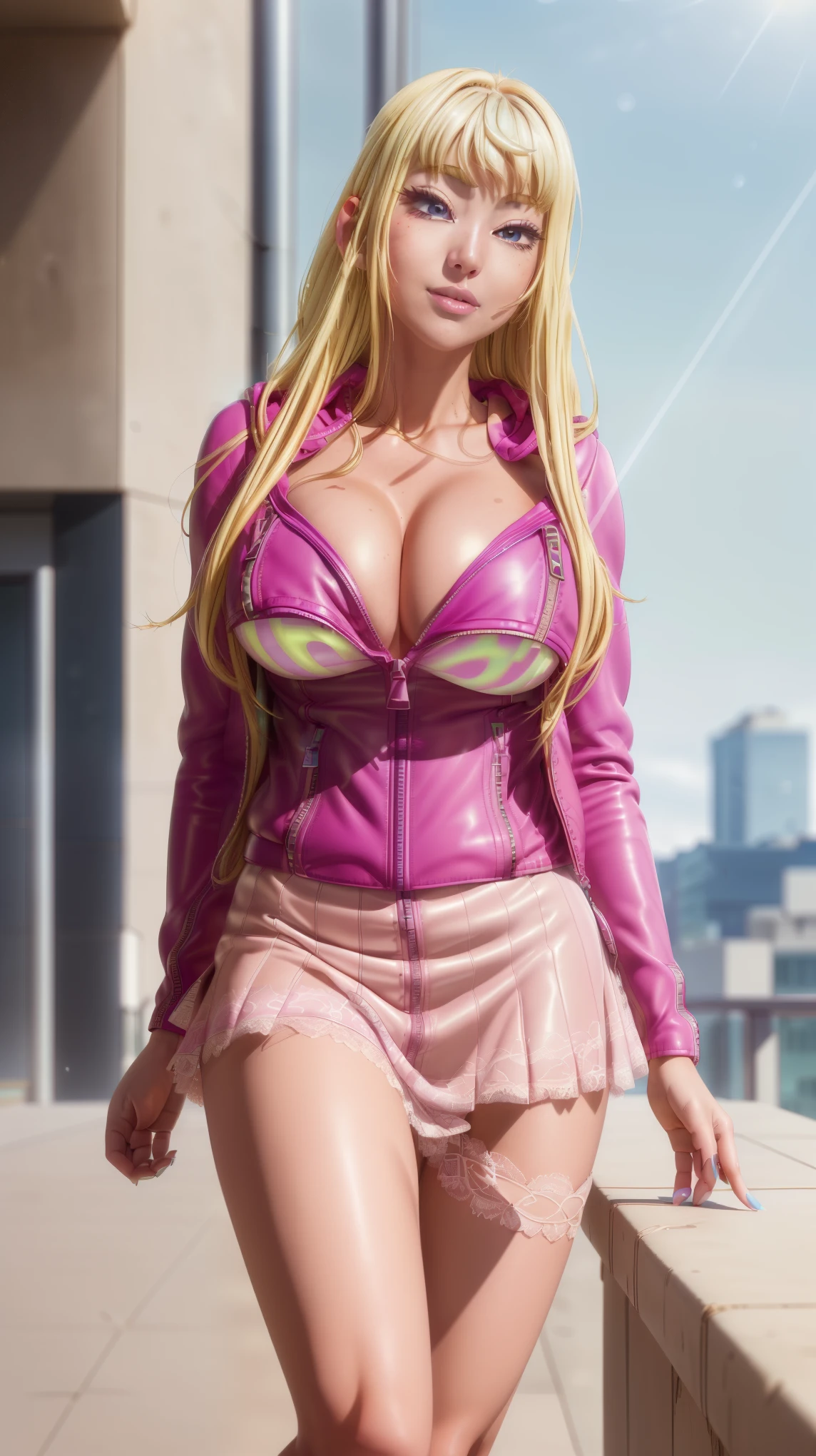 Medium breasts, she is a Beautiful Woman ((Minami Fuyuki is a beautiful gyaru)), ((blonde hair, stylish, shine, flashy hair)), double eyelids, blue and detailed eyes, hyper detailed, light effect on the eyes, detailed iris, with incredible breasts and perfect waist, and an extremely sensual body, ((leather jacket with zipper, pockets, hood, short, open in the middle of the breasts, with blouse)), ((round breasts))), makeup beautiful, cleavage, ((masterpiece, hyper realistic, hyper detailed, best quality, 16k, light and shadow effect on skin, vivid colors)), eyeliner, passionate expression, perfect pink lips, innocent and sexy face, warm smile , ((skin with light and shadow), beautifully seductive, ((she is beautiful)), sensual pose, flirting with the viewer, in a sensual pose, on a terrace, skyscrapers in the distance, city in the distance, beautifully seductive, slightly sloping body ((red skirt with lace details underneath))