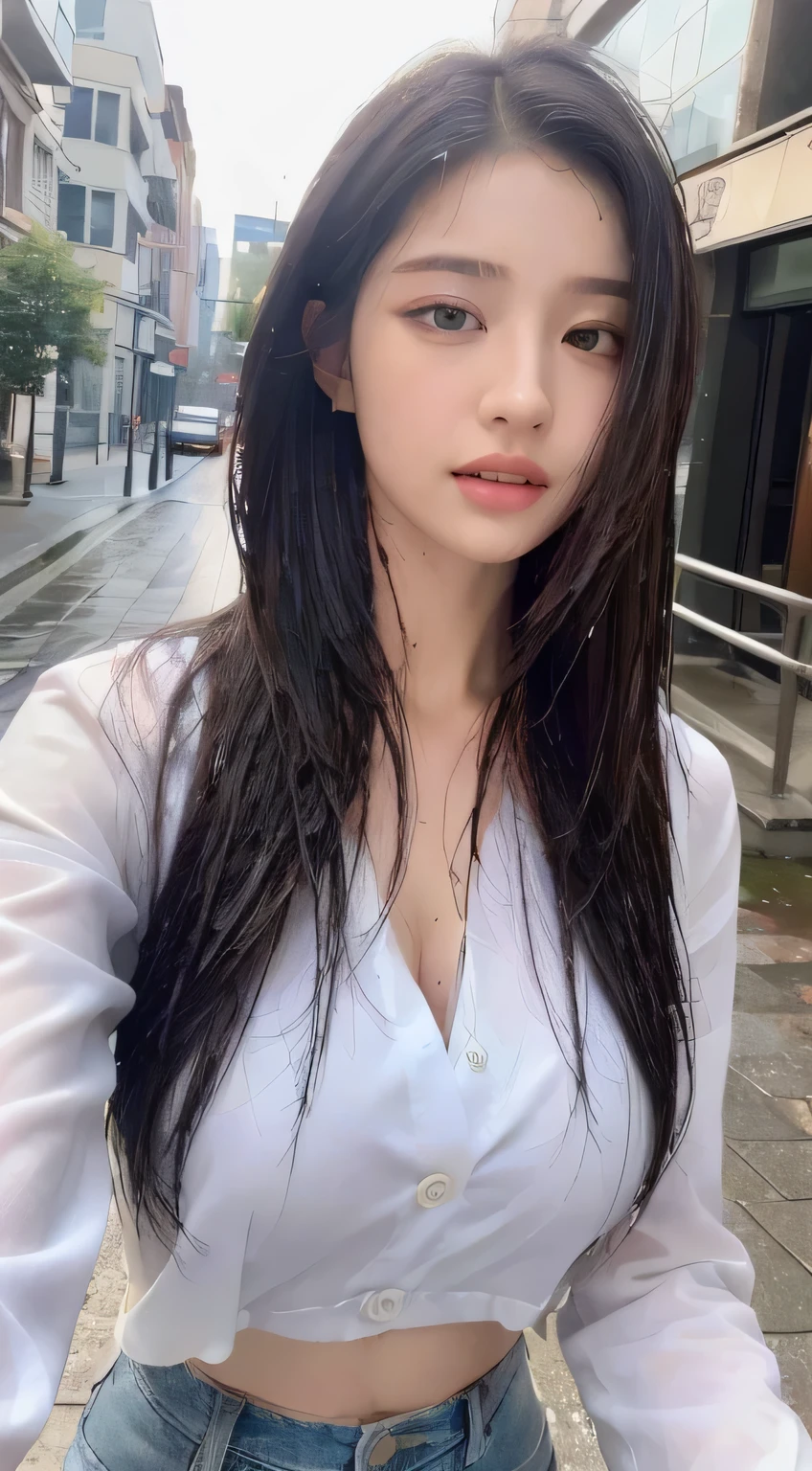 ((best quality, 8K, masterpiece: 1.3)), sharp: 1.2, perfect body beautiful: 1.4, slim abs: 1.2, ((layered hairstyle, big breasts: 1.2)), (wet White Button Long Shirt: 1.1), (rain, street: 1.2), wet: 1.5, Highly detailed facial and skin textures, delicate eyes, double eyelids, Looking at the camera sideways