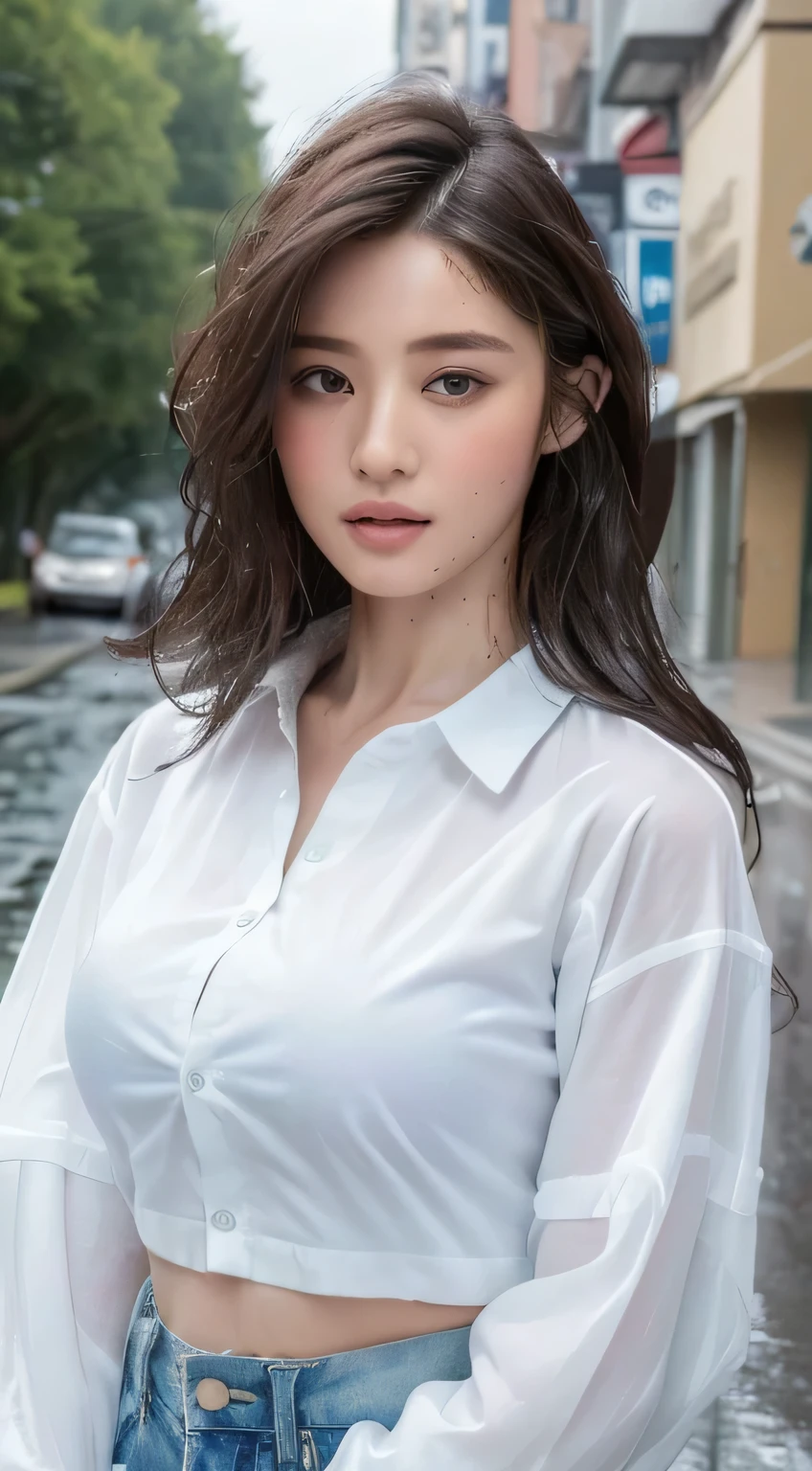 ((highest quality, 8K, masterpiece: 1.3)), sharp: 1.2, perfect body beauty: 1.4, slim abs: 1.2, ((layered hairstyles, big breasts: 1.2)), (Wet White Button Long Shirt: 1.1), (rain, street: 1.2), Wet: 1.5, Highly detailed face and skin texture, fine eyes, double eyelid, look at the camera