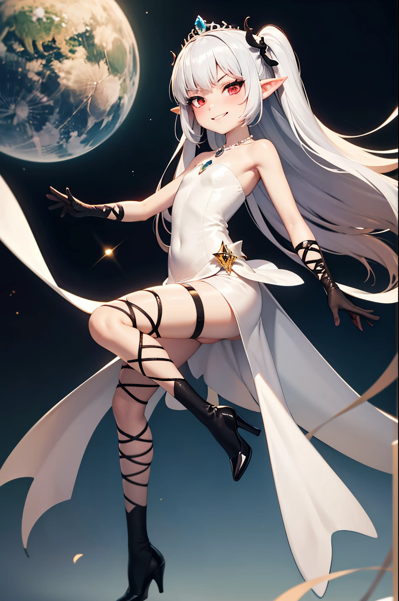 full body, white hair, gradient hair, pointy ears, pendant, strapless dress, white dress, fairy wings, arm wrap, black gloves, leg wrap, black footwear, levitating in the cosmos, flat chest, mean, vicious smirk, very thin, skinny legs, confident, arrogant, (sexy stockings:0.7), tiara, glowing red eyes, makeup, blush, eye shadow, wearing lots of luxurious jewelry, rings, pearls, necklaces, chain jewelry, flawless shiny silver hair, black heels, looking at viewer, from below, solo,