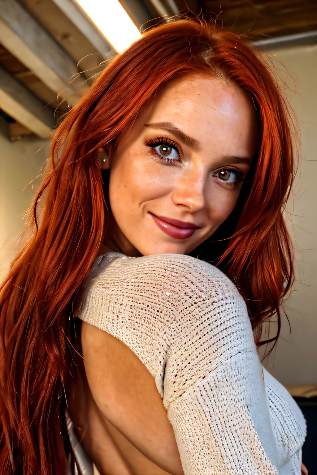 moody instagram photo, lower body photo of 32 years old woman, from below, dressed in long oversized sweater, teasing nudity, dirty fiery red hair, color gradient, bright tips of hair, sun-kissed skin, happy, cute smile, beautiful hazelnut eyes, hard shadows, dark, nighttime, overexposed filter, silhouetted against the bright light