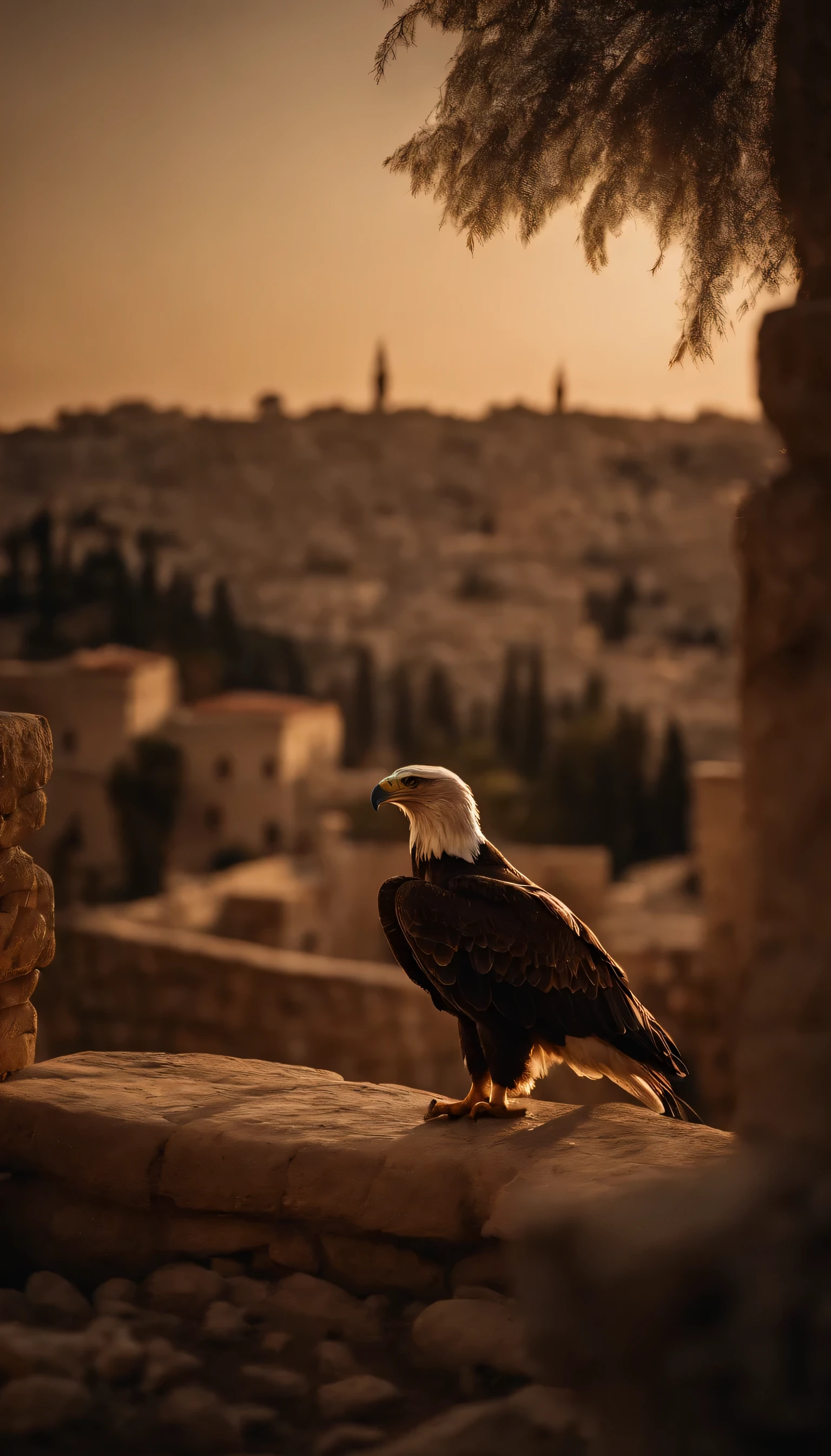 City of Jerusalem in the afternoon at dusk and an eagle flying overhead、rabbit on the ground