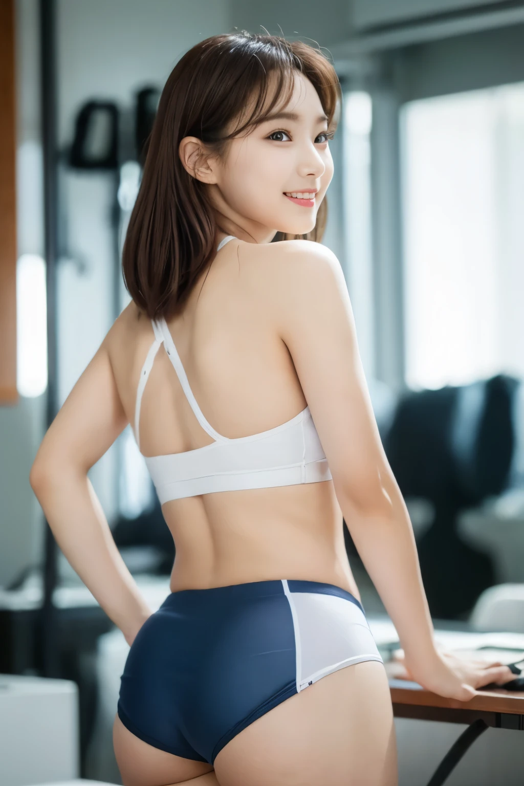 (8K, Raw photo, highest quality, masterpiece:1.2), (realistic, photo-realistic:1.37), Super detailed, 1 girl,Saori 、(full body shot), ((Perfect fit navy bloomers))very slim, medium breasts, ((return)), ((from behind))(buckshot), cute, white skin、Looking at Mom, light smile,alone, (closed mouth),enchanting smile, wide opening, professional lighting, Sony α7R4, Zecy 50mm F1.8, medium breasts,thin and beautiful eyes,