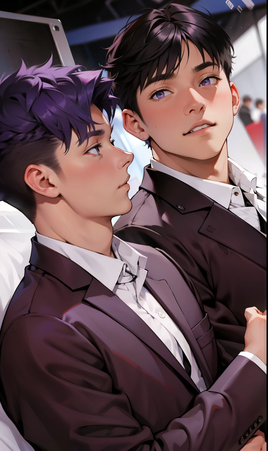 There are two cute 16 year old boys with purple hair.
