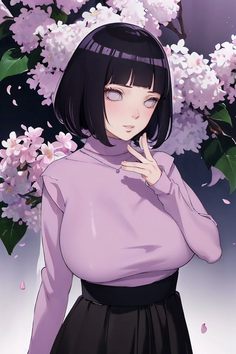 { - anatomy error} (Masterpiece - Ultra-detailed, very high resolution) (huge titusty, masterpiece, absurdres, hinata\(boruto\), 1girl, solo,mature female, lilac turtleneck blouse, black pant, looking at viewelling petals), perfect composition, detailed lips, big breast, beautiful face, body propotion, blush, (pink lips), short hair, (black hair), purple eyes, soft gaze, super realistic, detailed, photoshoot, realistic face and body, closed mouth , lilac eyes, upper body, backwards, hidden hands, perfect fingers, inocent face
