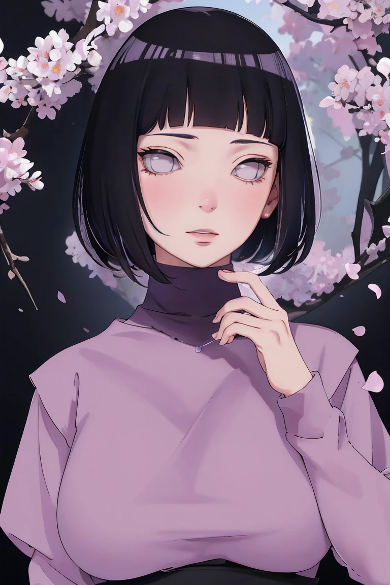 { - anatomy error} (Masterpiece - Ultra-detailed, very high resolution) (huge titusty, masterpiece, absurdres, hinata\(boruto\), 1girl, solo,mature female, lilac turtleneck blouse, high waist black long skirt, looking at viewelling petals), perfect composition, detailed lips, big breast, beautiful face, body propotion, blush, (pink lips), short hair, (black hair), purple eyes, soft gaze, super realistic, detailed, photoshoot, realistic face and body, closed mouth , lilac eyes, full body, sitting on the floor , backwards, looking back, black boots, hidden hands, perfect fingers, inocent face
