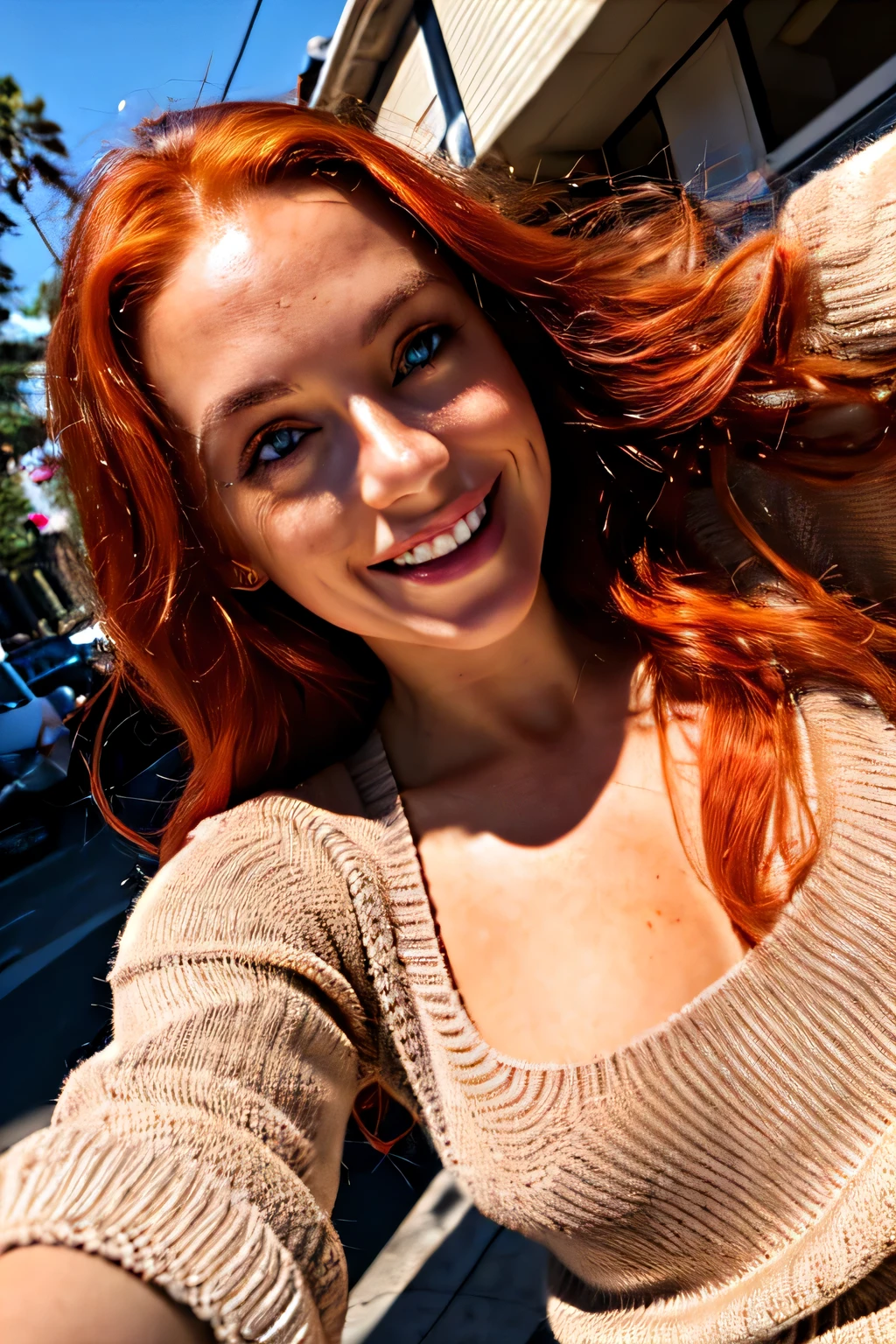 moody instagram photo, lower body photo of 32 years old woman, from below, completely nude, dirty fiery red hair, color gradient, bright tips of hair, sun-kissed skin, happy, cute smile, beautiful hazelnut eyes, hard shadows, dark, nighttime, overexposed filter, silhouetted against the bright light