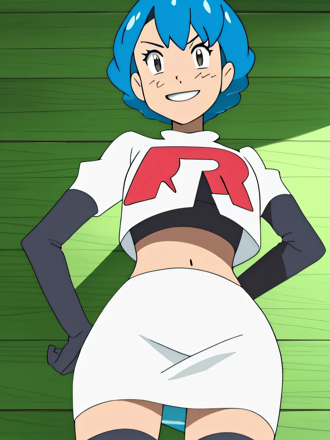 8k, masterpiece,highres, team rocket uniform, red letter r, white skirt,white crop top,black thigh-high boots, black elbow gloves, smiling, looking down at viewer, hands on hips, cowboy shot, zettai ryouiki,from below, black panties,anime style, vivid colors, sharp focus, intense lighting,mariannernd, crown braid