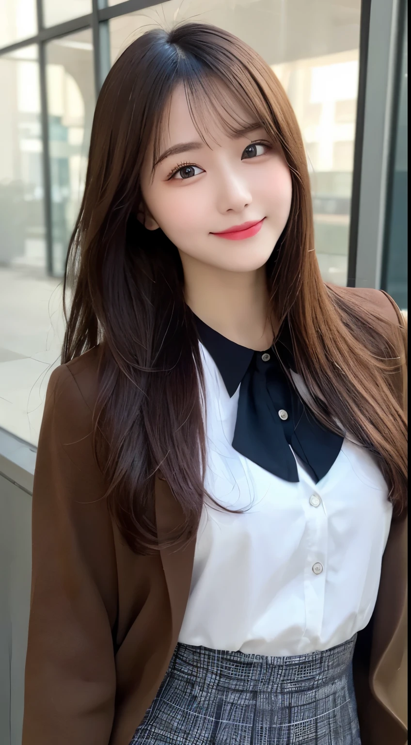 table top, highest quality, shape, Super detailed, finely, High resolution, 8k wallpaper, 完璧なダイナミックな構shape, beautiful and detailed eyes, small breasts, natural color lip, ランダムなsexy pose,smile,20 year old girl、Beautiful and dense face、perfect and beautiful face,Big eyes、real photos(best image quality),cute face、cute、Jacket、long sleeve blouse、pleated skirt、Secretary to the CEO of a large company、blur the background、sexy pose、Shoot the subject from below、smile、Photographing the sky