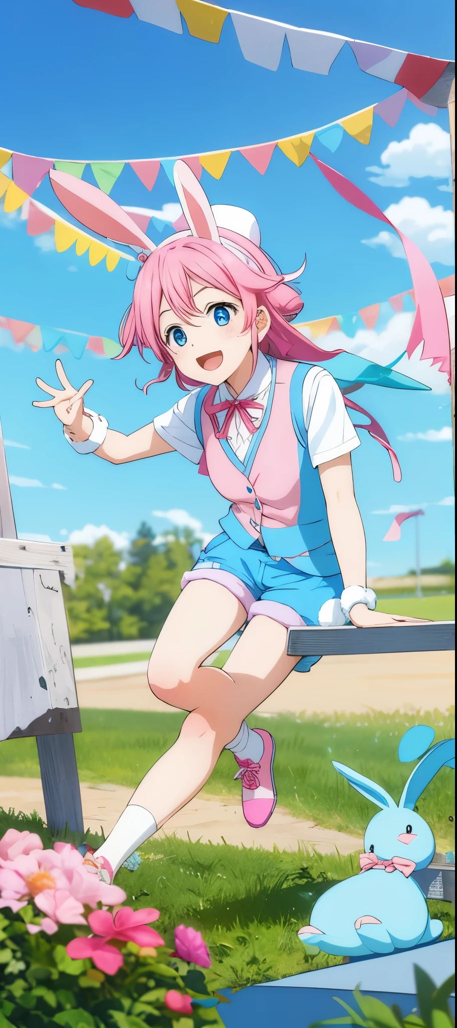 1 girl pink hair blue eyes  blue hat cup with pink bunny ears, wings on the back, blue and white Vest with shorts with red ribbon  holding a bear stuffed rabbit