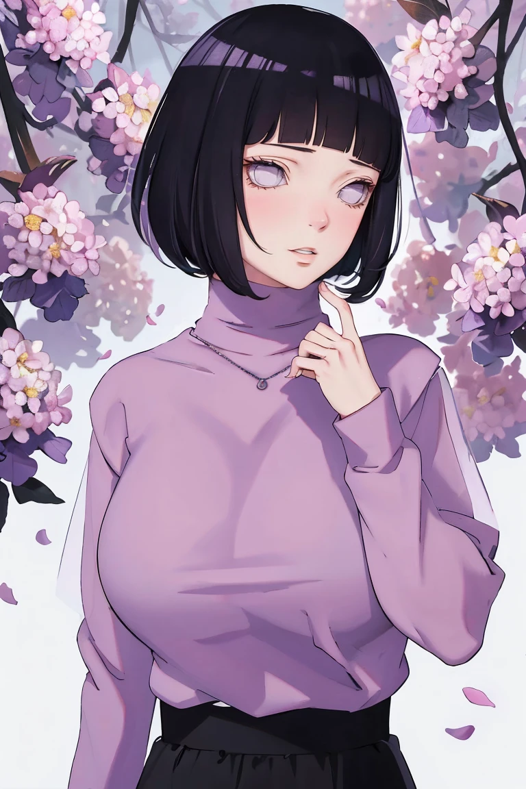 { - anatomy error} (Masterpiece - Ultra-detailed, very high resolution) (huge titusty, masterpiece, absurdres, hinata\(boruto\), 1girl, solo,mature female, lilac turtleneck blouse, high waist black long skirt, looking at viewelling petals), perfect composition, detailed lips, big breast, beautiful face, body propotion, blush, (pink lips), short hair, (black hair), purple eyes, soft gaze, super realistic, detailed, photoshoot, realistic face and body, closed mouth , lilac eyes, full body, sitting on the floor , backwards, looking back, black boots, hidden hands, perfect fingers, inocent face