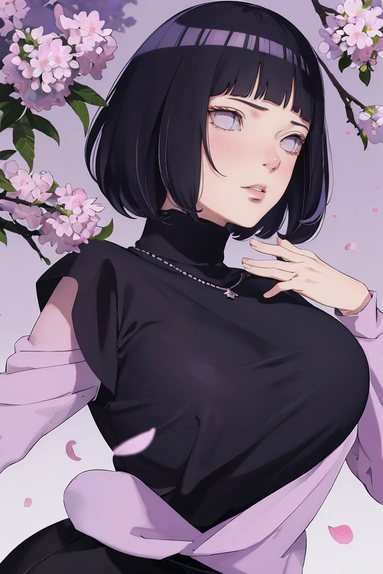 { - anatomy error} (Masterpiece - Ultra-detailed, very high resolution) (huge titusty, masterpiece, absurdres, hinata\(boruto\), 1girl, solo,mature female, lilac turtleneck blouse, high waist black long skirt, looking at viewelling petals), perfect composition, detailed lips, big breast, beautiful face, body propotion, blush, (pink lips), short hair, (black hair), purple eyes, soft gaze, super realistic, detailed, photoshoot, realistic face and body, closed mouth , lilac eyes, full body, sitting on the floor , backwards, looking back, black boots, hidden hands, perfect fingers, inocent face