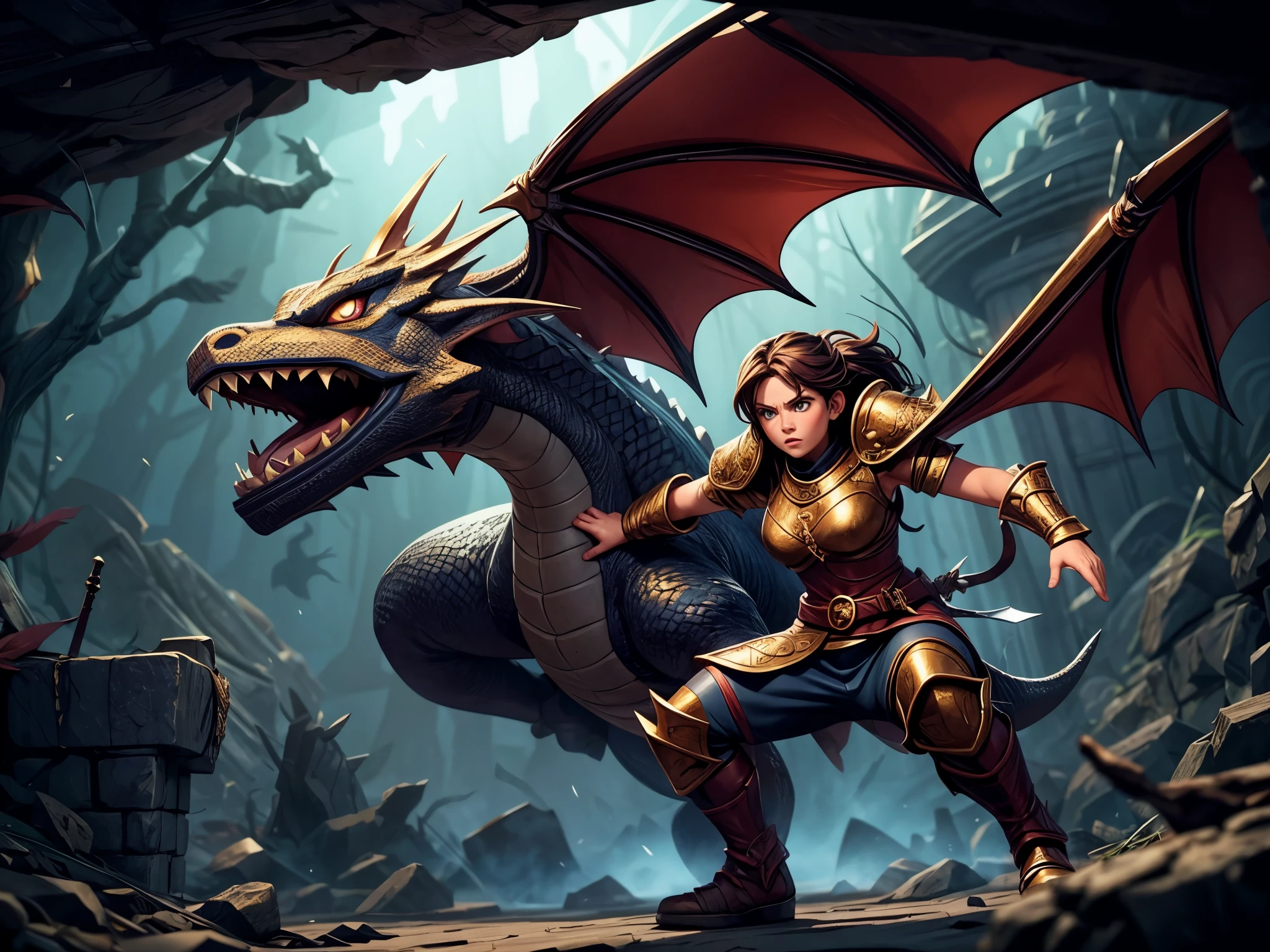 A girl with long hair and sparkling blue eyes, dressed in armor, holding a magical sword, engaged in combat with a fearsome dragon. The girl's armor is intricately detailed, with engravings of ancient runes. The dragon is massive, with scales that shimmer in the sunlight and fiery breath emanating from its mouth. The surrounding environment is a dark and mysterious dungeon, with dimly lit torches casting eerie shadows on the stone walls. The atmosphere is filled with tension and adrenaline, as the girl shows determination and strength in her battle against the dragon. The image is rendered in a highly realistic and detailed style, capturing every fine texture and vibrant color. The lighting is dramatic, with rays of sunlight streaming through the cracks in the dungeon ceiling, highlighting the intensity of the scene. The overall color tone is dark and atmospheric, with hints of warm hues illuminating the characters and surroundings.