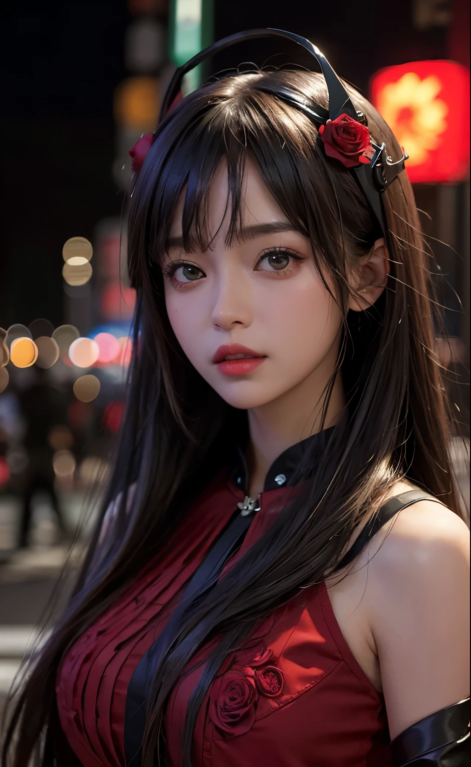 1girl, Tokyo street,night, cityscape,city lights, upper body,close-up, 8k, RAW photo, best quality, masterpiece,realistic, photo-realistic,headgear of red rose, parted bangs, long hair,