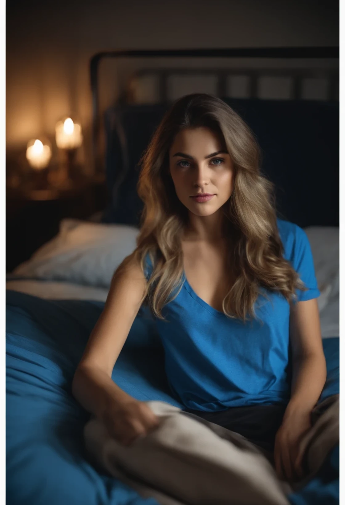 18 old French girl At bed midnight selfie, with blue colour t shirt and trouser