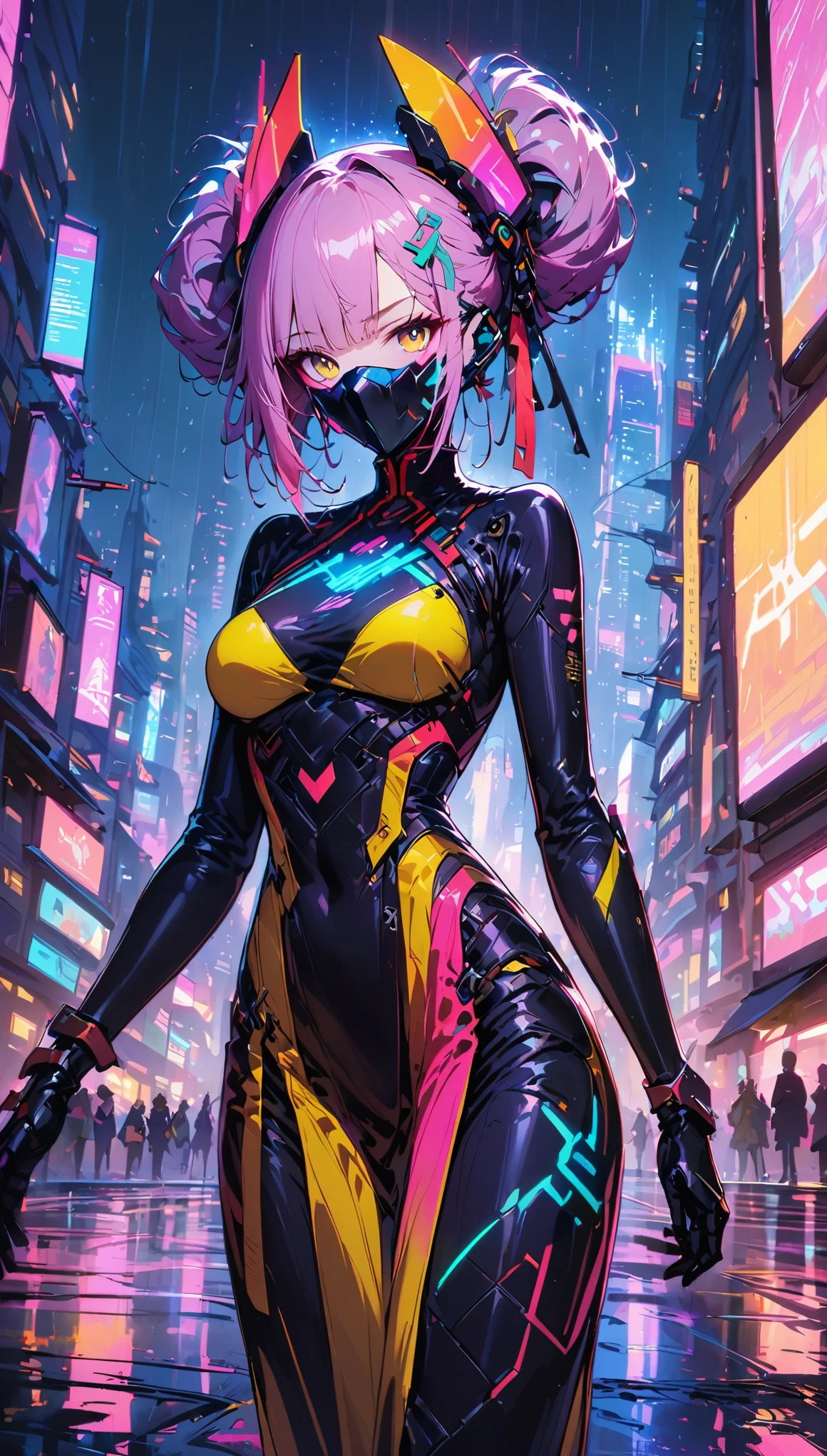 (最high quality), (super fine), (masterpiece), figure, A girl Chinese costume cyber punk, (cyber punk,Chinese service,cybernetic implant),looking at camera,hair accessory, bright colors,dynamic lighting,neon light,shining city skyline,holographic projection,Future Fashion Clothing,Combination of traditional and modern elements,avant-garde makeup,Exquisite hairstyle,confidence and determination,urban environment,downpour,Thoughts on the slippery road sensation,mechanical armor, gorgeous accessories,High-tech products,Impressive cybernetic enhancements,clear focus,Awkward details, overclocked rendering, cinematic edge light, fine light, masterpiece, Super detailed, magnificent work, ultra high resolution, high quality, 32k