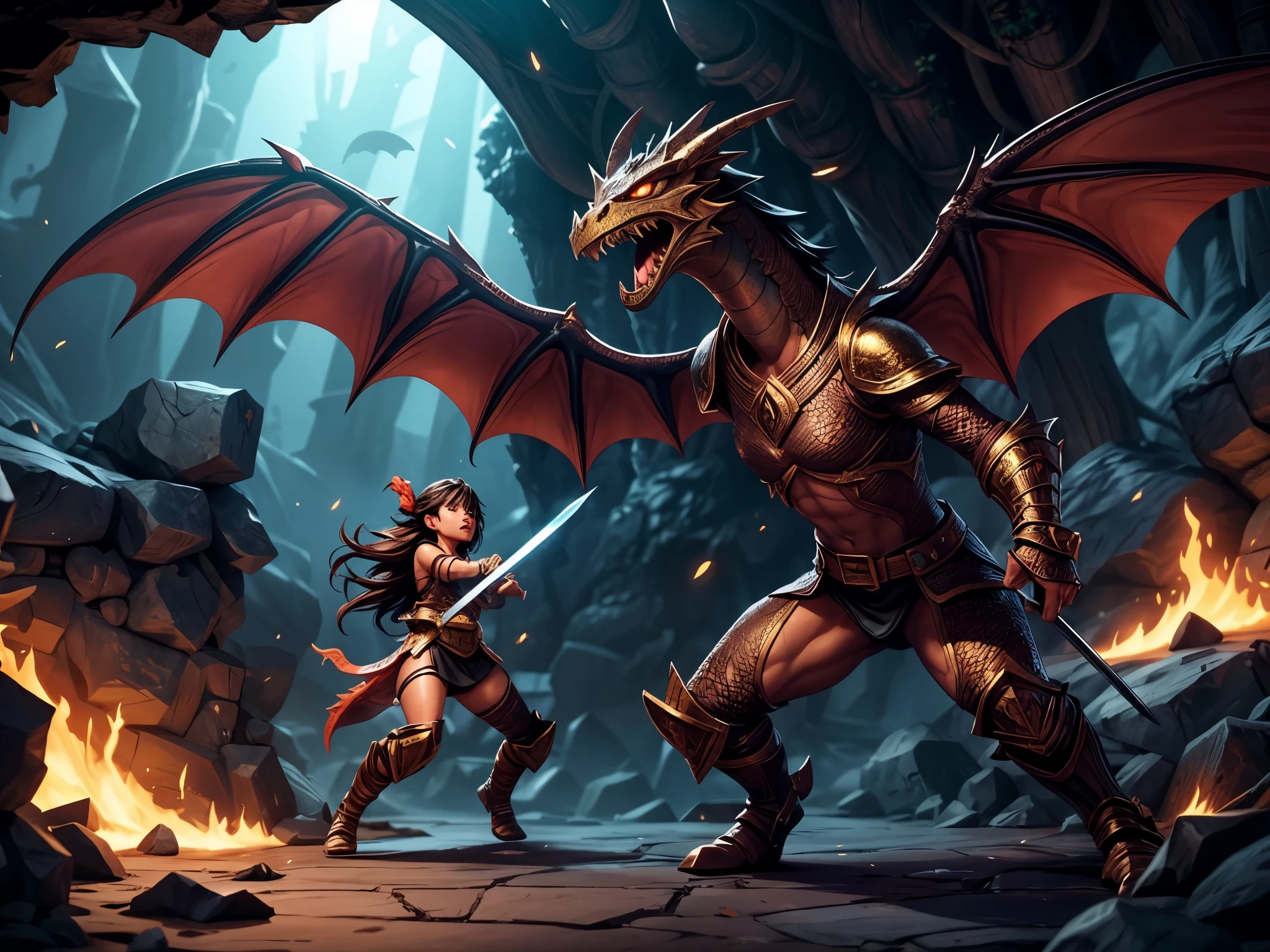 A girl with long hair and sparkling blue eyes, dressed in armor, holding a magical sword, engaged in combat with a fearsome dragon. The girl's armor is intricately detailed, with engravings of ancient runes. The dragon is massive, with scales that shimmer in the sunlight and fiery breath emanating from its mouth. The surrounding environment is a dark and mysterious dungeon, with dimly lit torches casting eerie shadows on the stone walls. The atmosphere is filled with tension and adrenaline, as the girl shows determination and strength in her battle against the dragon. The image is rendered in a highly realistic and detailed style, capturing every fine texture and vibrant color. The lighting is dramatic, with rays of sunlight streaming through the cracks in the dungeon ceiling, highlighting the intensity of the scene. The overall color tone is dark and atmospheric, with hints of warm hues illuminating the characters and surroundings.