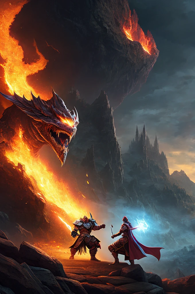 (create an epic image of the popular game Dungeons and Dragons: 1.5), dragons, battle, cliffs, fire, masterpiece, hyper detailed, mystical, magical, at night, long shot, cinematic lighting, ultra image quality, HD, 32k