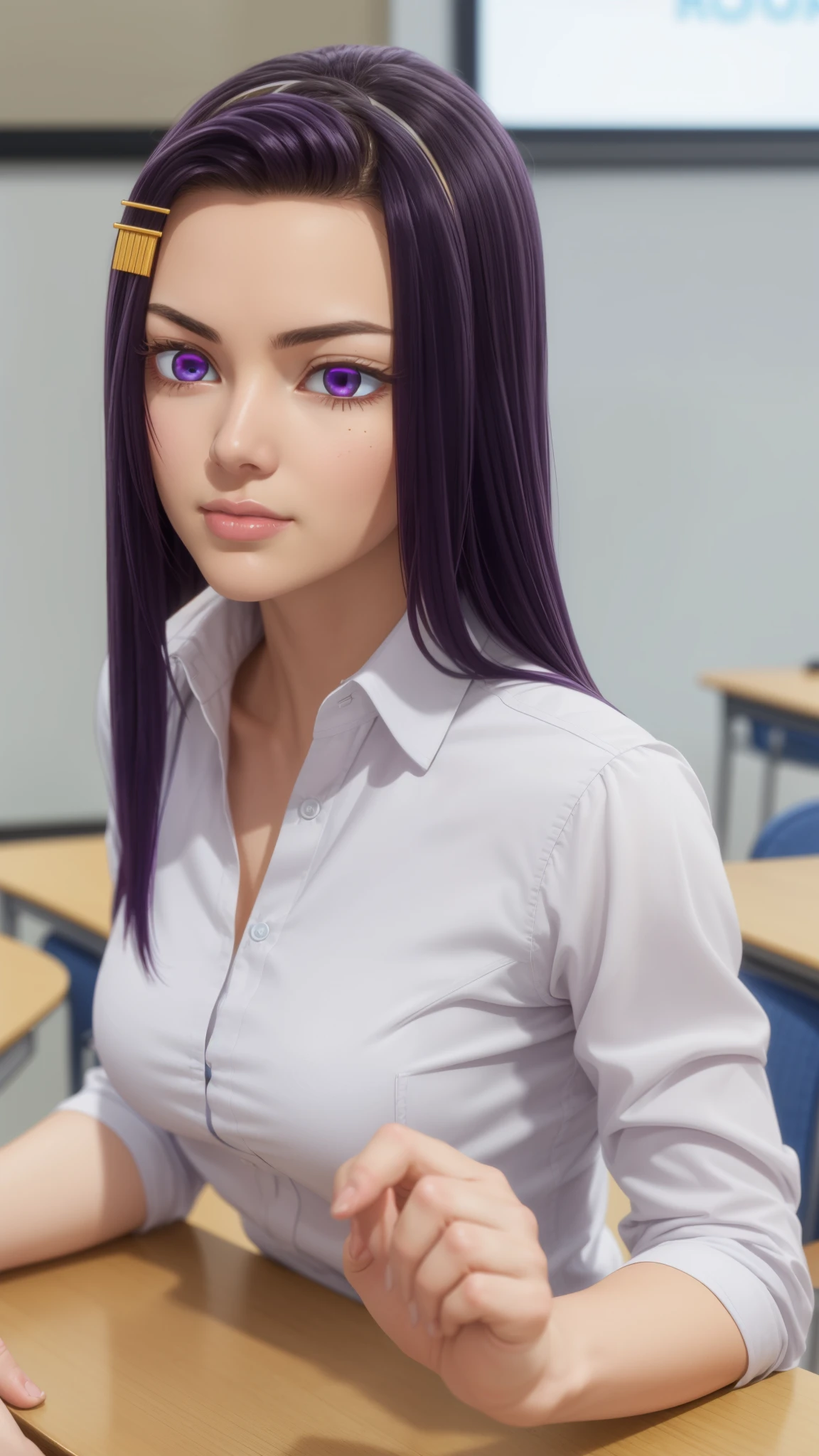 sayuriakino, sayuri akino, long hair, hair ornament, hairclip, purple hair, (purple eyes:1.1), (forehead:1.2),
BREAK shirt, white shirt, collared shirt, sweater, black sweater,
BREAK indoors, classroom,
BREAK looking at viewer, (cowboy shot:1.5),
BREAK (masterpiece:1.2), best quality, high resolution, unity 8k wallpaper, (illustration:0.8), (beautiful detailed eyes:1.6), extremely detailed face, perfect lighting, extremely detailed CG, (perfect hands, perfect anatomy),