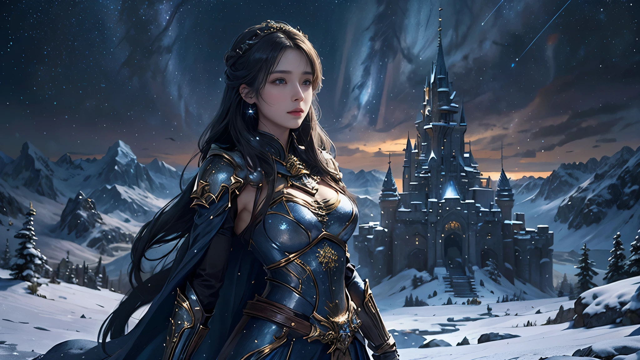 masterpiece, rest, best quality, Super detailed, Super real, 16K, high resolution, castle,snow, ((starry sky)),female warrior,ornate armor,complex pattern,,beautiful face,dramatic,half body shot