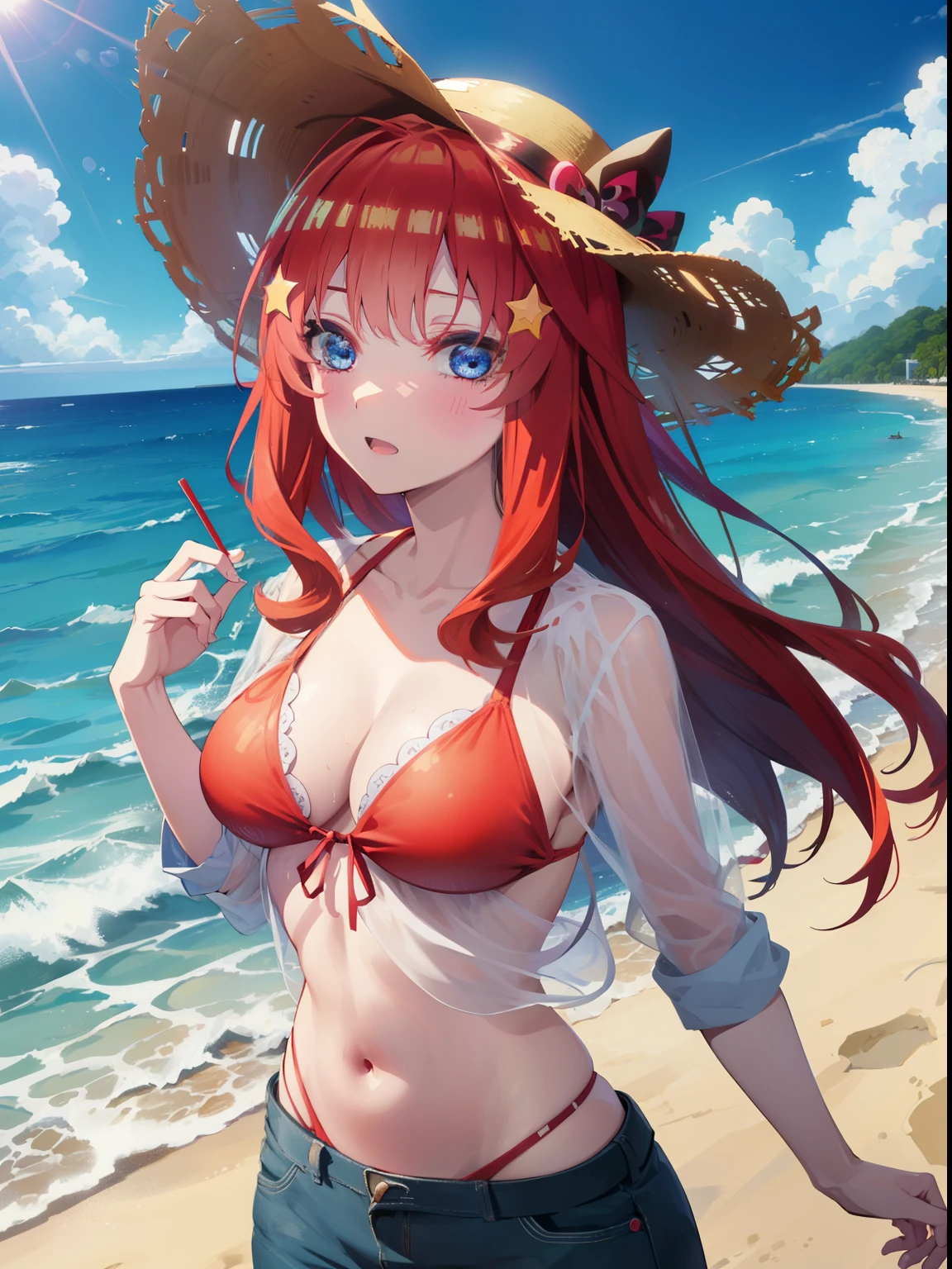 itsukinakano, itsuki nakano, bangs, blue eyes, hair between eyes, Ahoge, redhead, star \(symbol\), hair ornaments, star hair ornamentsにっこり, smile, open your mouth,big straw hat,red bikini,bare belly, (beach salon),  big breasts,((salon)), beach outfit,real summer,Palm tree,
break outdoors, beach,
break looking at viewer, (cowboy shot:1.5),
break (masterpiece:1.2), highest quality, High resolution, unity 8k wallpaper, (shape:0.8), (fine and beautiful eyes:1.6), highly detailed face, perfect lighting, Very detailed CG, (perfect hands, perfect anatomy),