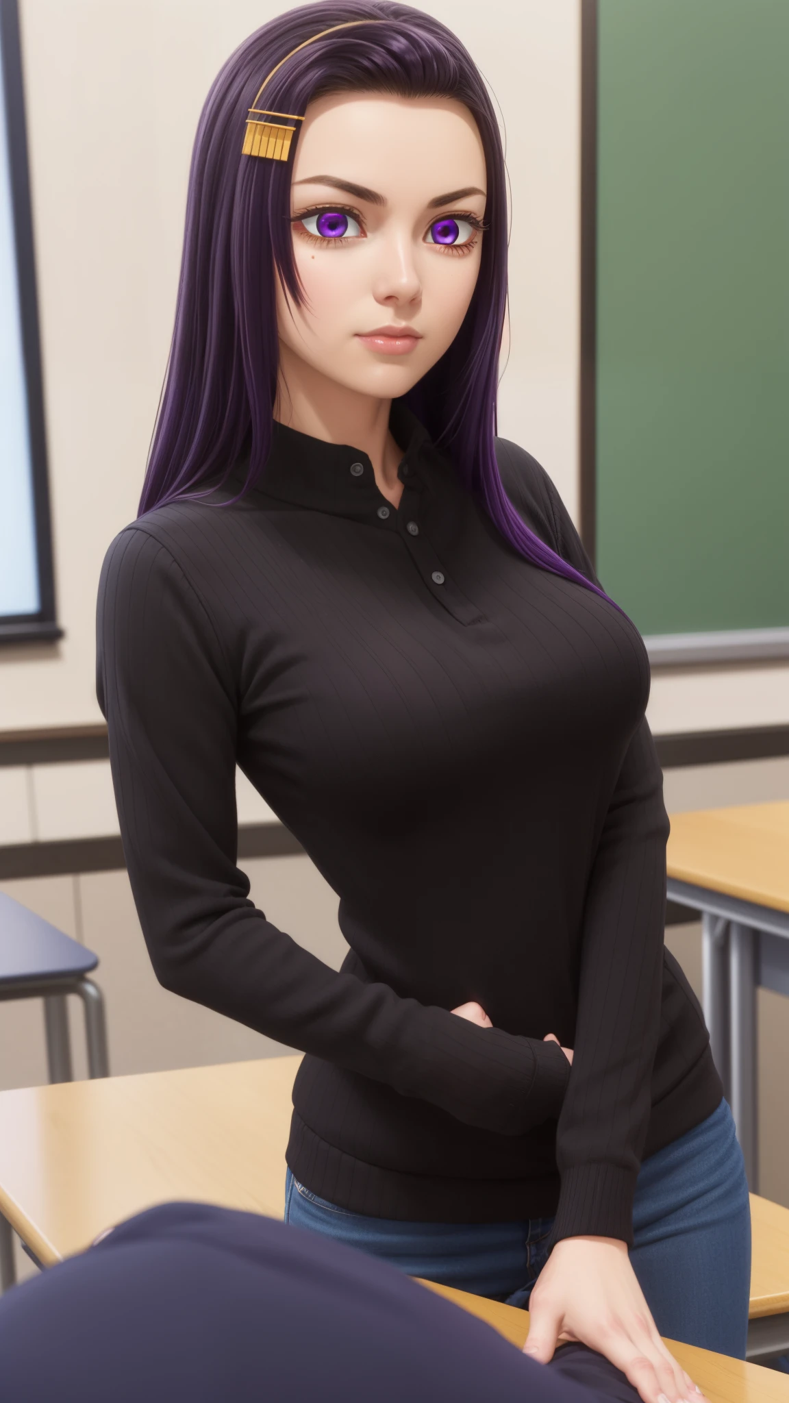 sayuriakino, sayuri akino, long hair, hair ornament, hairclip, purple hair, (purple eyes:1.1), (forehead:1.2),
BREAK shirt, white shirt, collared shirt, sweater, black sweater,
BREAK indoors, classroom,
BREAK looking at viewer, (cowboy shot:1.5),
BREAK (masterpiece:1.2), best quality, high resolution, unity 8k wallpaper, (illustration:0.8), (beautiful detailed eyes:1.6), extremely detailed face, perfect lighting, extremely detailed CG, (perfect hands, perfect anatomy),