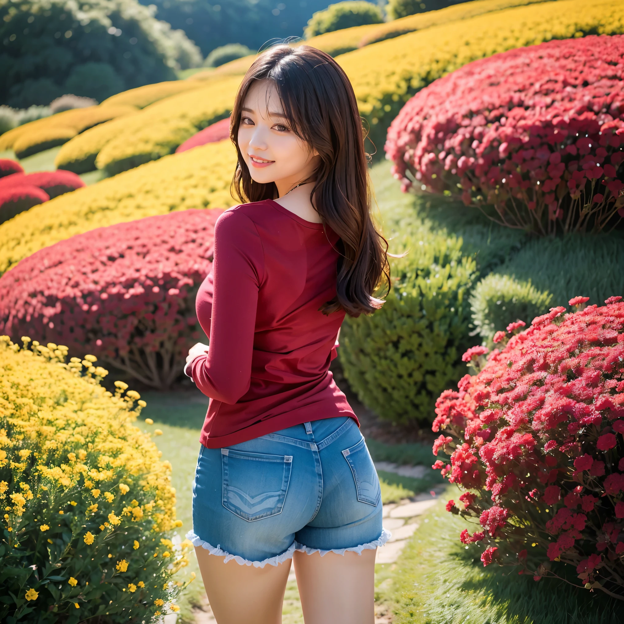 (highest quality、masterpiece、8K、best image quality、hyper realism、Award-winning work)、1 female、(solo:1.1)、(Simple thin tight long sleeve T-shirt:1.1)、(Tight long sleeve t-shirt with perfect fit:1.2)、(very short ripped distressed shorts:1.1)、(Beautiful colorful vibrant flower field with strong blur:1.2)、(The most natural and perfect wide flower field:1.1)、(colorful beautiful european flower garden:1.1)、(standing elegantly:1.2)、(full body photo:1.25)、(emphasize body line:1.2)、(thick legs:1.2)、glamorous body、big ass、big breasts、low length、short、(your back is turned to me:1.2)、(pointing your butt at me:1.1)、(Looking back at me:1.1)、accurate anatomy、perfect makeup、long eyelashes、glossy lips、Ultra high definition glossy skin、(Ultra-high definition bright and beautiful skin:1.1)、超高精細のglossy lips、Super high definition beautiful teeth