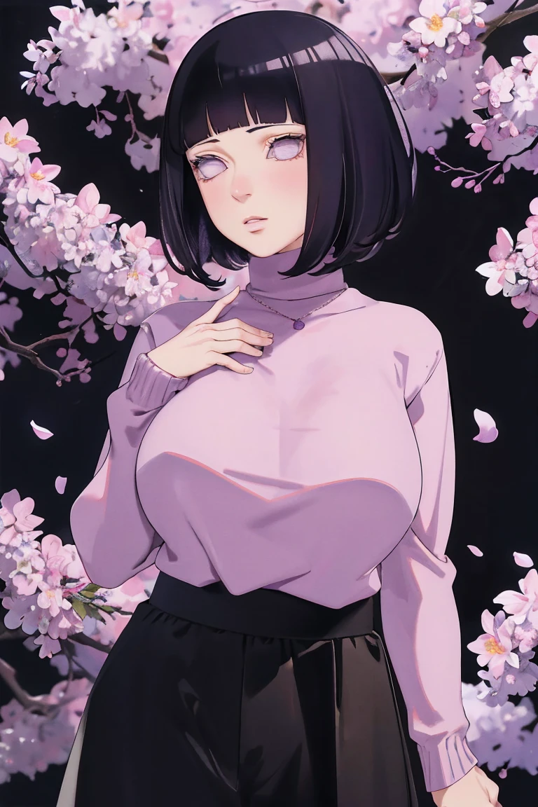 { - anatomy error} (Masterpiece - Ultra-detailed, very high resolution) (huge titusty, masterpiece, absurdres, hinata\(boruto\), 1girl, solo,mature female, lilac turtleneck blouse, high waist black long skirt, looking at viewelling petals), perfect composition, detailed lips, big breast, beautiful face, body propotion, blush, (pink lips), short hair, (black hair), purple eyes, soft gaze, super realistic, detailed, photoshoot, realistic face and body, closed mouth , lilac eyes, full body, sitting on the floor , backwards, looking back, black boots, hidden hands, perfect fingers, inocent face