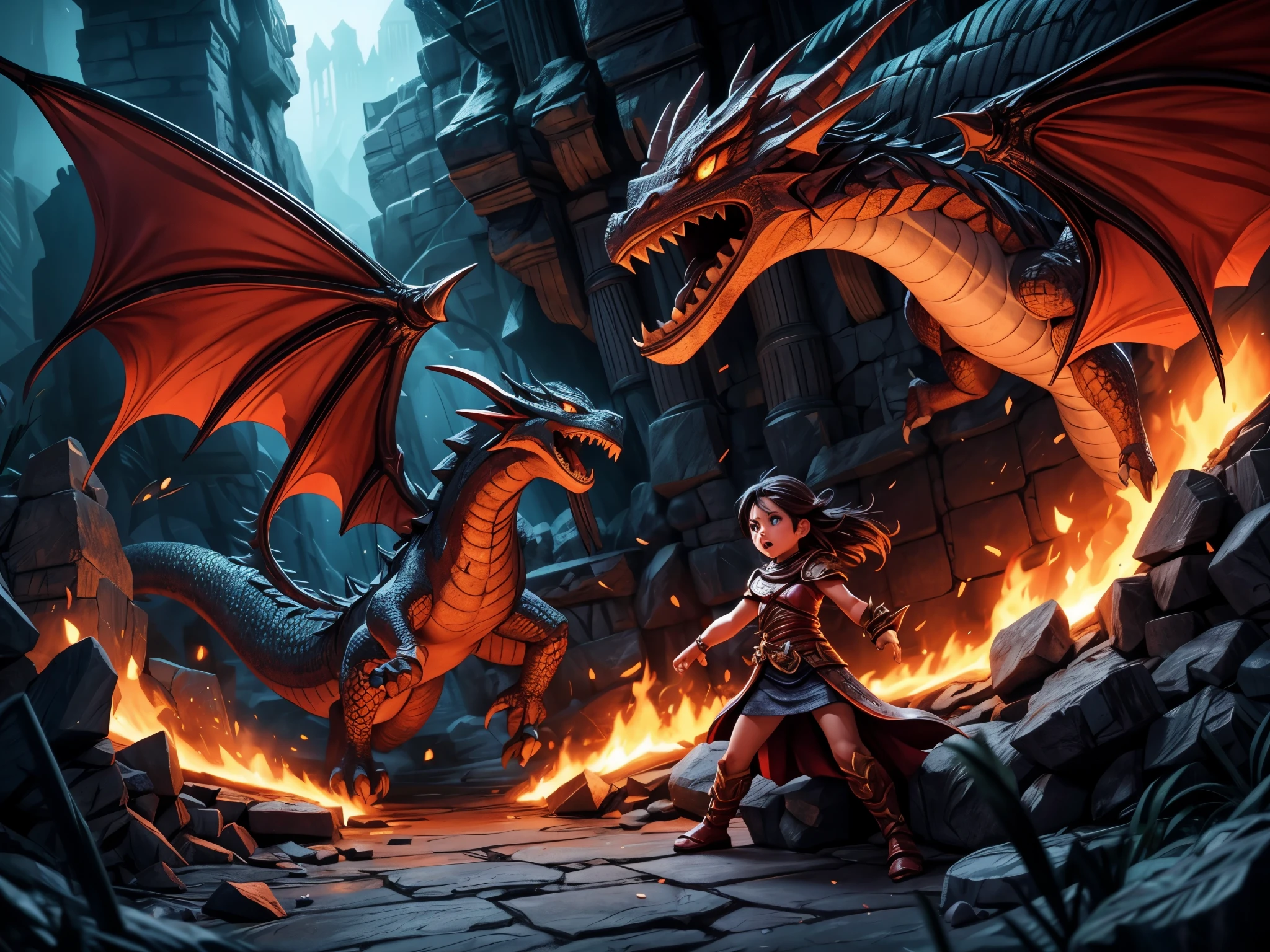 A girl with long hair and sparkling blue eyes, dressed in armor, holding a magical sword, engaged in combat with a fearsome dragon. The girl's armor is intricately detailed, with engravings of ancient runes. The dragon is massive, with scales that shimmer in the sunlight and fiery breath emanating from its mouth. The surrounding environment is a dark and mysterious dungeon, with dimly lit torches casting eerie shadows on the stone walls. The atmosphere is filled with tension and adrenaline, as the girl shows determination and strength in her battle against the dragon. The image is rendered in a highly realistic and detailed style, capturing every fine texture and vibrant color. The lighting is dramatic, with rays of sunlight streaming through the cracks in the dungeon ceiling, highlighting the intensity of the scene. The overall color tone is dark and atmospheric, with hints of warm hues illuminating the characters and surroundings.
