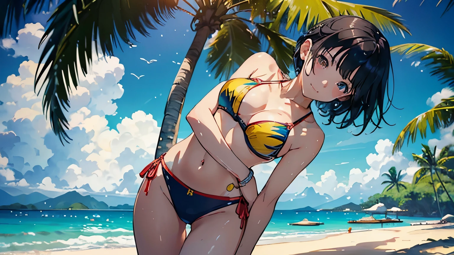 ((highest quality, masterpiece, High resolution))、((anime art))、beautiful japanese woman、((two women))、(we both are good friends)、18 years old、cute face、medium short hair、semi-long、bun hair、 ((Detailed depiction of a beautiful face))、smile gently、young、bikini swimwear、one piece swimsuit、 small breasts、slim body shape、photorealistic perfect body、(She wears a pareo made of primary colors around her waist..)、realistic skin、Wet、whole body、(Beautiful tropical beach landscape photography)、cinematic light、particles of light、tropical、Against the background of palm trees、on a sunny beach、With the sea in the background、blur background、