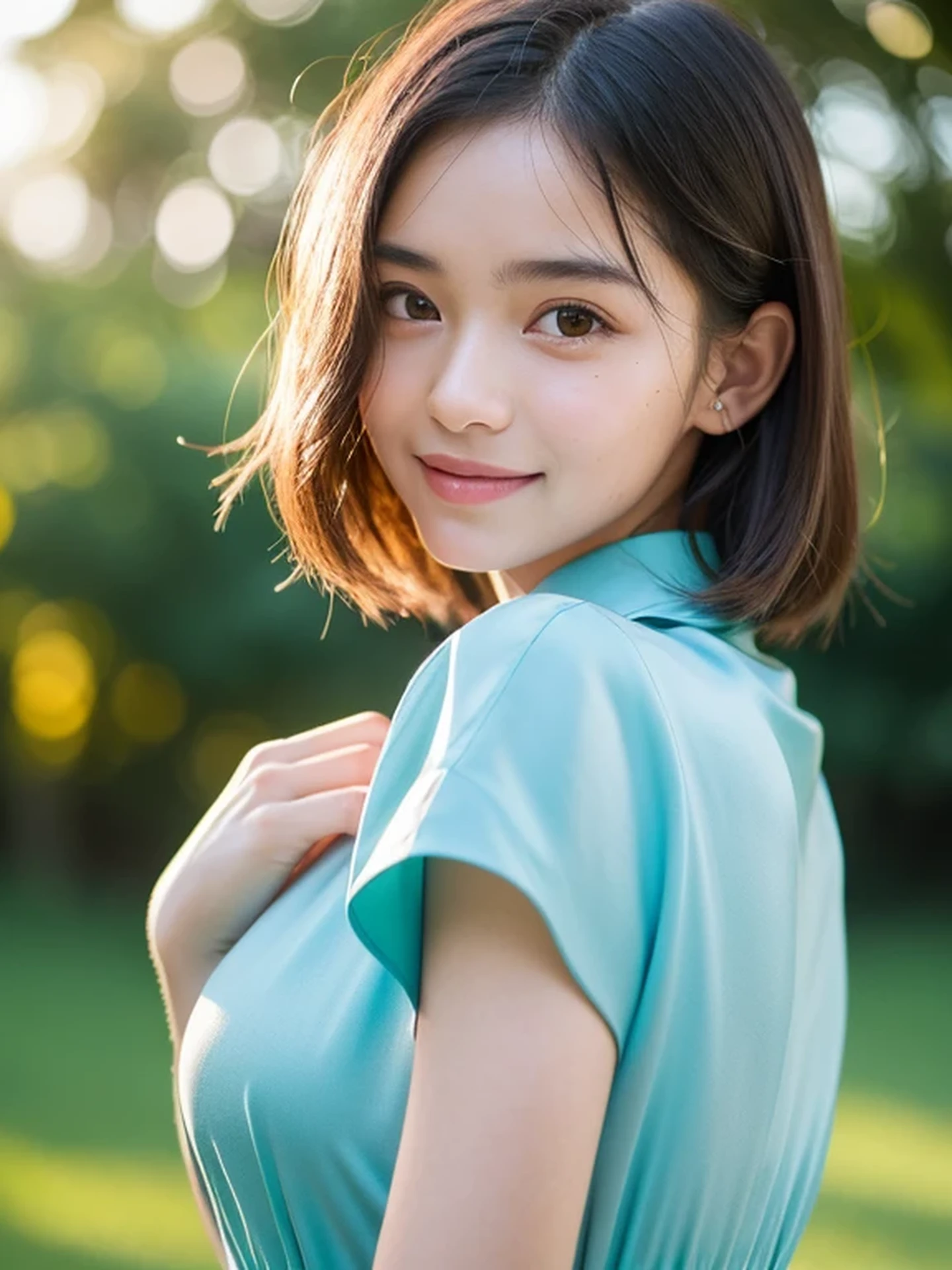 masterpiece, Best Quality, Raw photo, 8K, ultra-detailed face, 1girl, Beautiful detailed skin, backlight, soft light, bashful, (shoot from front:1.2), smile, Luminescent, Anatomically correct, Medium hair swaying in the wind, Eyes and faces with detailed, Textured skin, Professional Photography, Bokeh, Portrait, Professional Lighting, Solo, Cute, Girly, Film grain, silk dress shirt, Summer Green Hills,