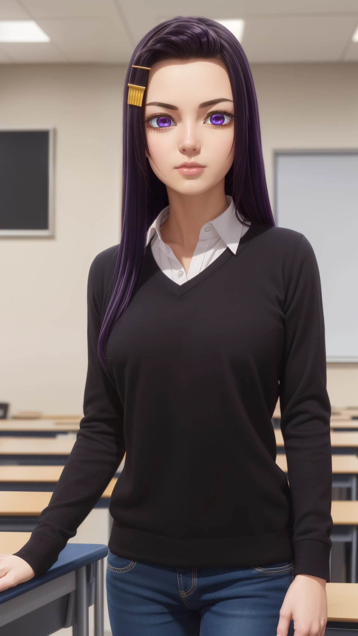 sayuriakino, sayuri akino, long hair, hair ornament, hairclip, purple hair, (purple eyes:1.1), (forehead:1.2),
BREAK shirt, white shirt, collared shirt, sweater, black sweater,
BREAK indoors, classroom,
BREAK looking at viewer, (cowboy shot:1.5),
BREAK (masterpiece:1.2), best quality, high resolution, unity 8k wallpaper, (illustration:0.8), (beautiful detailed eyes:1.6), extremely detailed face, perfect lighting, extremely detailed CG, (perfect hands, perfect anatomy),