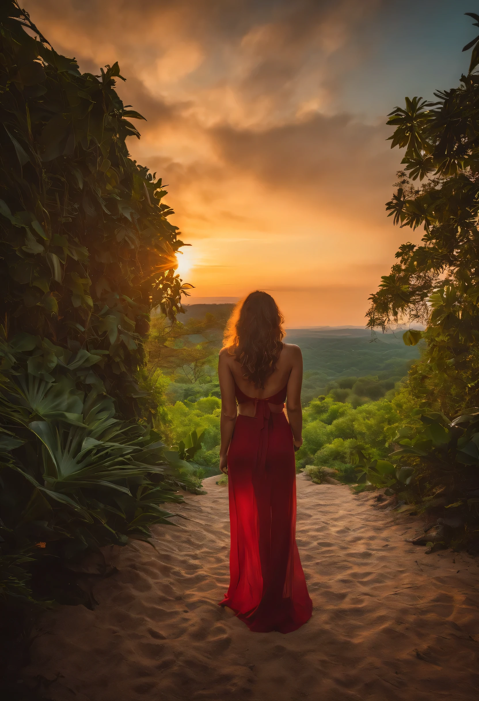 Jovem morena, de olhos verdes, com roupa interior curta e justa com rabo enorme, num por de sol, 4K, High resolution photo