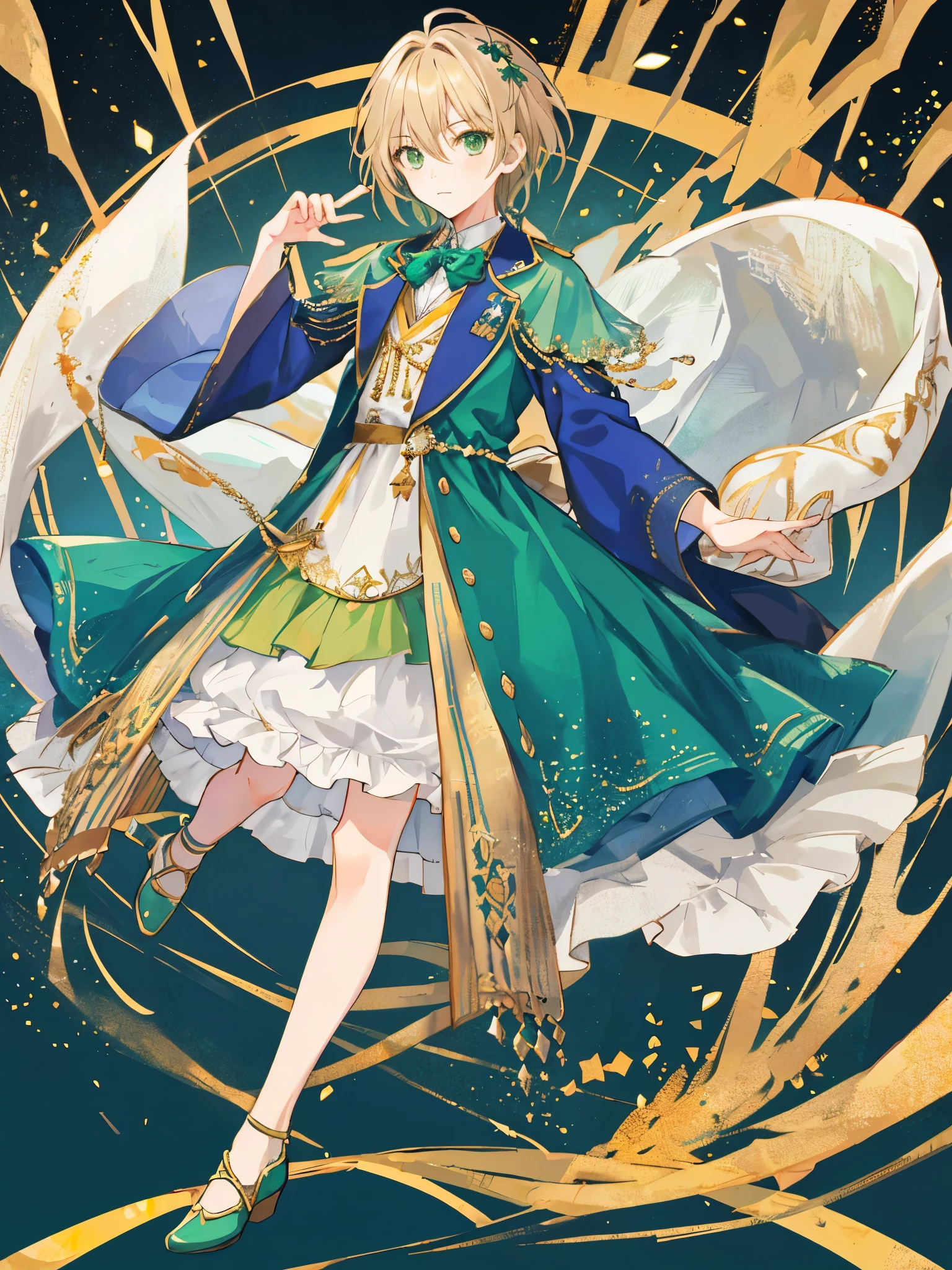 ((Full body)), (a boy), male role, beautiful boy, ((idol costume)), ((flax color hair)), ((green eyes)), high quality