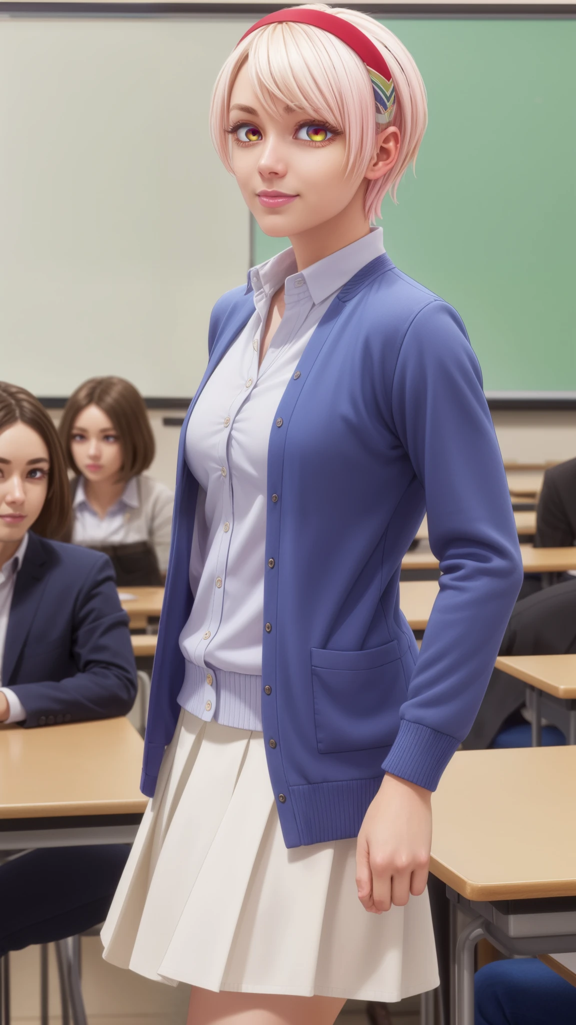 renanatsukawa, rena natsukawa, short hair, hairband, pink hair, (red eyes:1.3), red hairband, smile,
BREAK skirt, shirt, jacket, collared shirt, neck ribbon, jacket on shoulders, white shirt, cardigan, blue cardigan, blue jacket,
BREAK indoors, classroom,
BREAK looking at viewer, (cowboy shot:1.5),
BREAK (masterpiece:1.2), best quality, high resolution, unity 8k wallpaper, (illustration:0.8), (beautiful detailed eyes:1.6), extremely detailed face, perfect lighting, extremely detailed CG, (perfect hands, perfect anatomy),