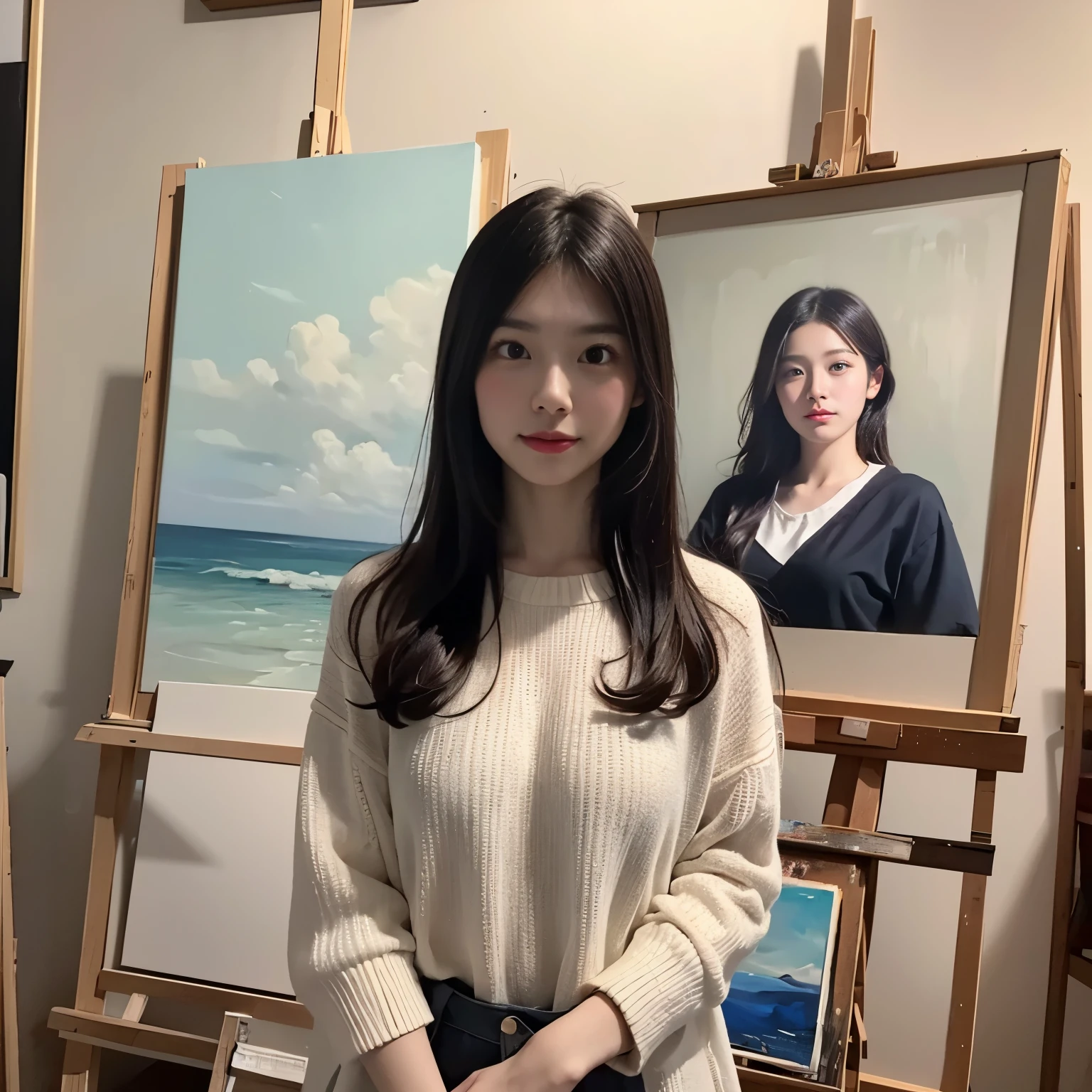 There is a young and beautiful Japanese woman、she is a painter、I&#39;m painting an oil painting、A canvas is placed on the easel、In the background is an oil painting of a very similar self-portrait that she painted.、cowboy shot、I will also draw a self-portrait
