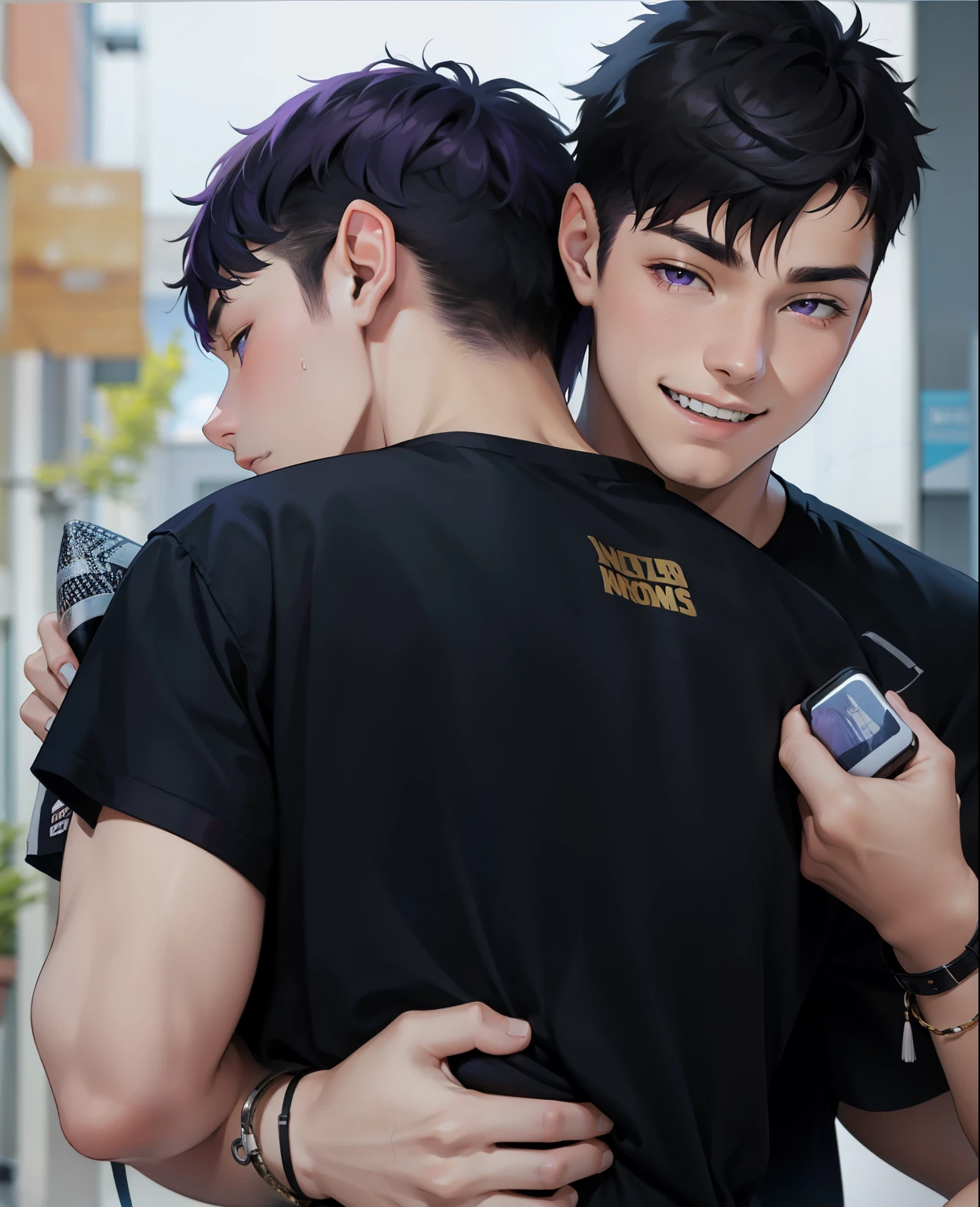 There are two cute 16 year old boys with purple hair.
